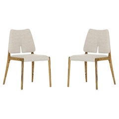 Slit Dining Chair in Teak and Light Beige Cotton Fabric, Set of 2