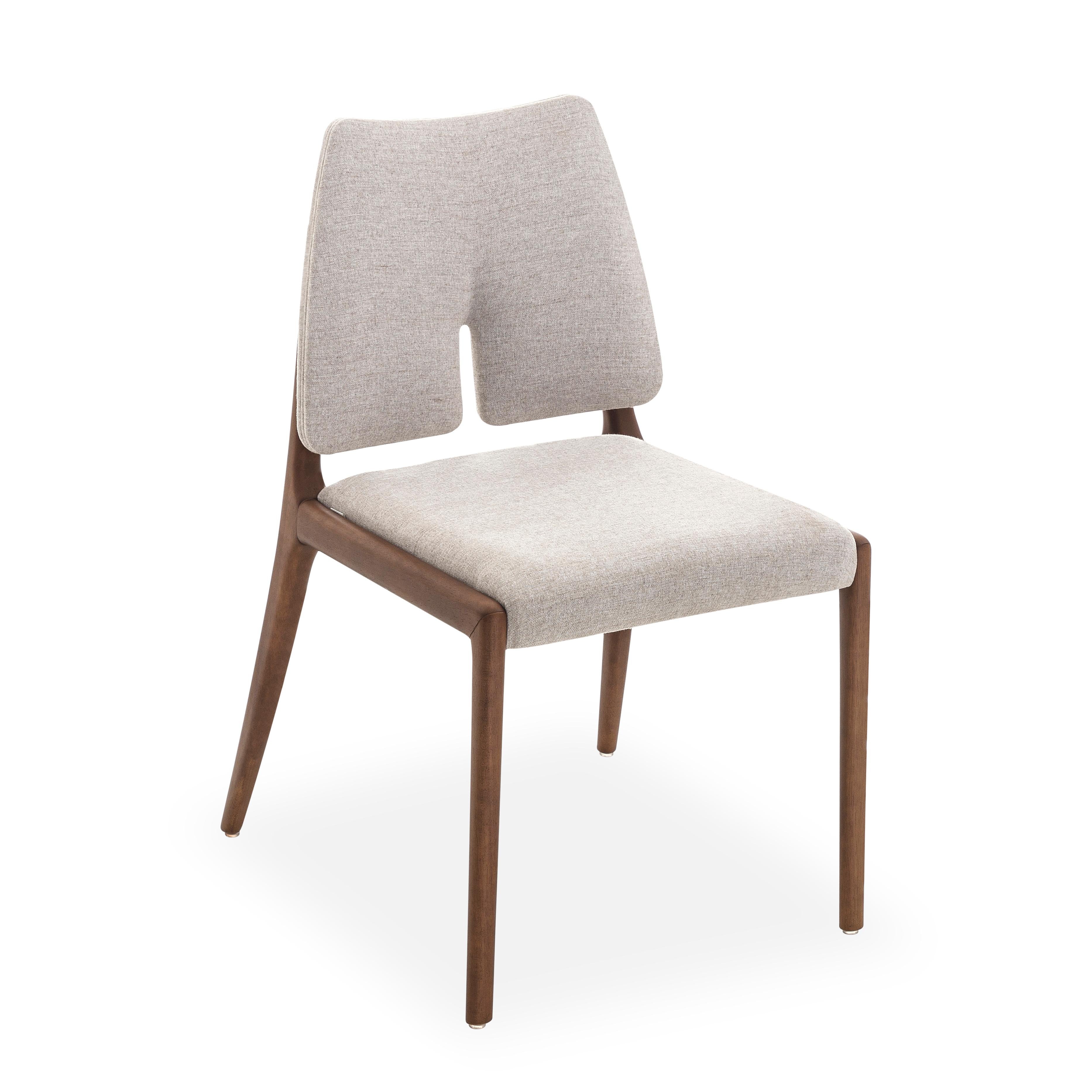 Contemporary Slit Dining Chair in Walnut Wood Finish and Light Beige Cotton Fabric, Set of 2 For Sale