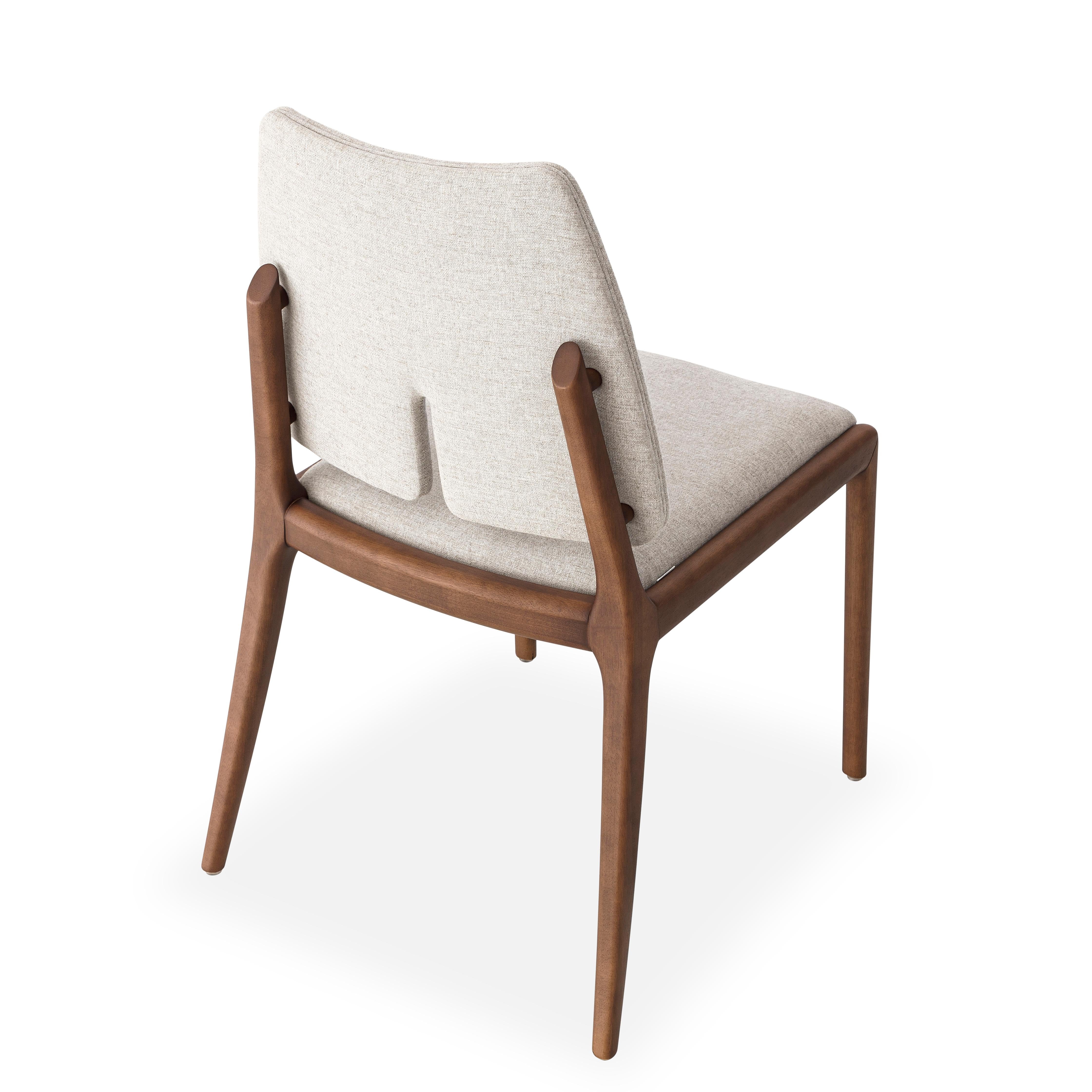 Upholstery Slit Dining Chair in Walnut Wood Finish and Light Beige Cotton Fabric, Set of 2 For Sale