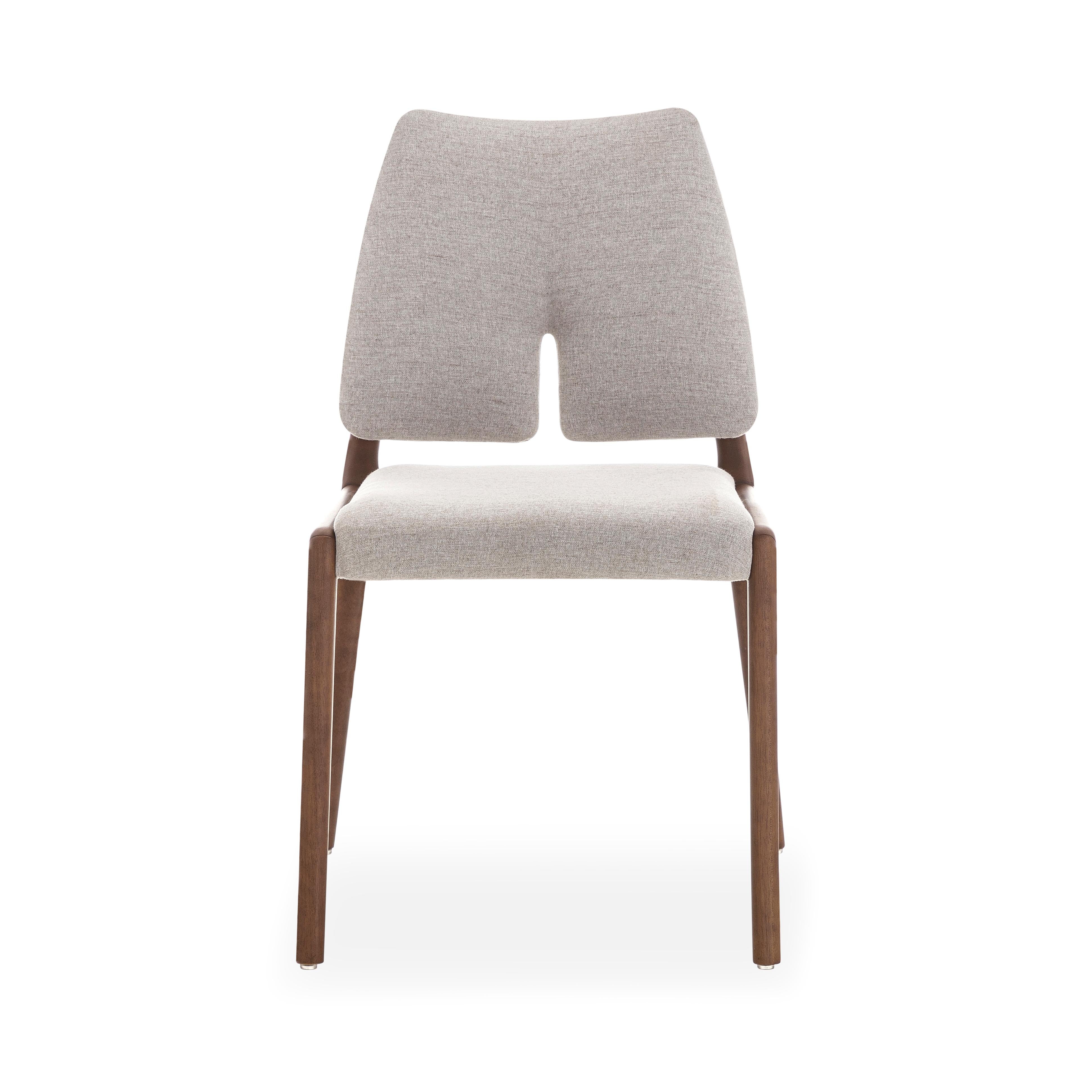Slit Dining Chair in Walnut Wood Finish and Light Beige Cotton Fabric, Set of 2 For Sale 1