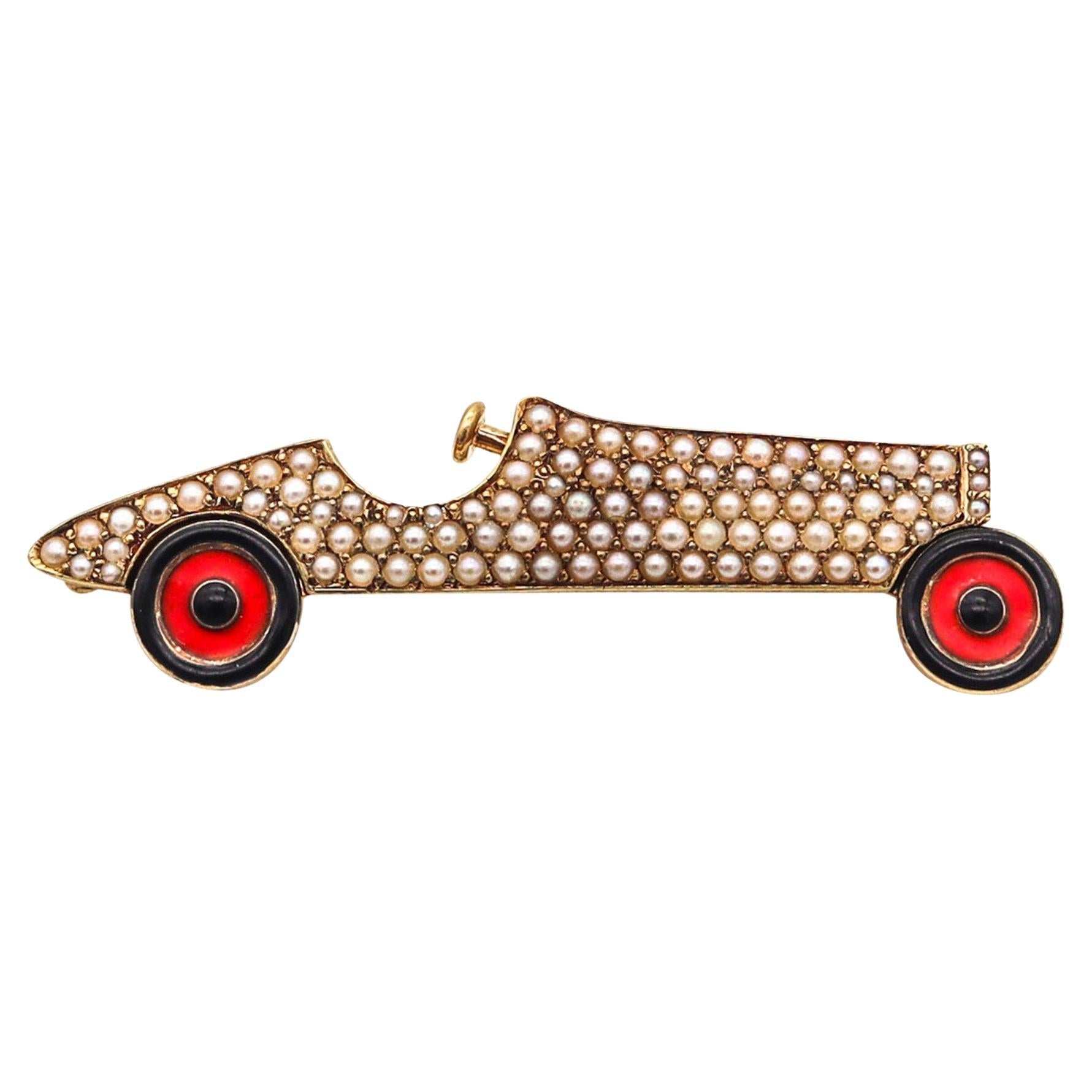 SLOAN & Co. 1920 Art Deco Enameled Racing Car Brooch In 14Kt Gold With Pearls For Sale