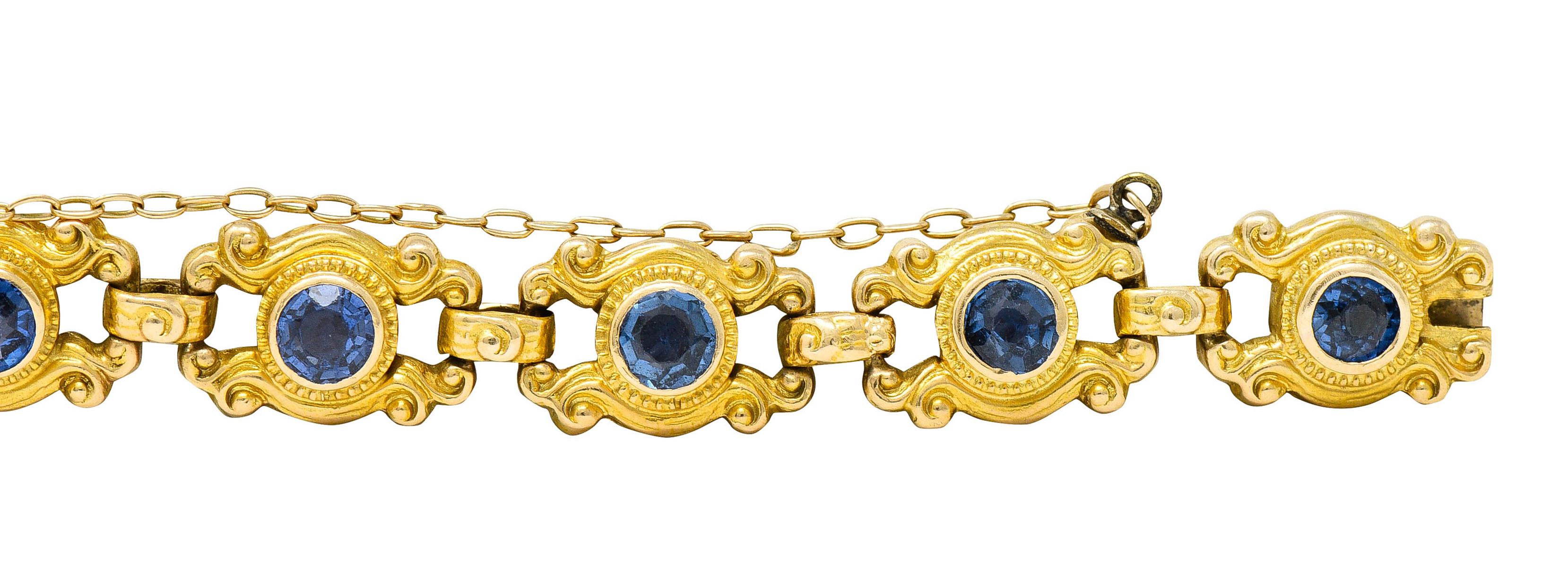 Round Cut Sloan & Co. 4.50 Carats Sapphire 14 Karat Gold Link Bracelet