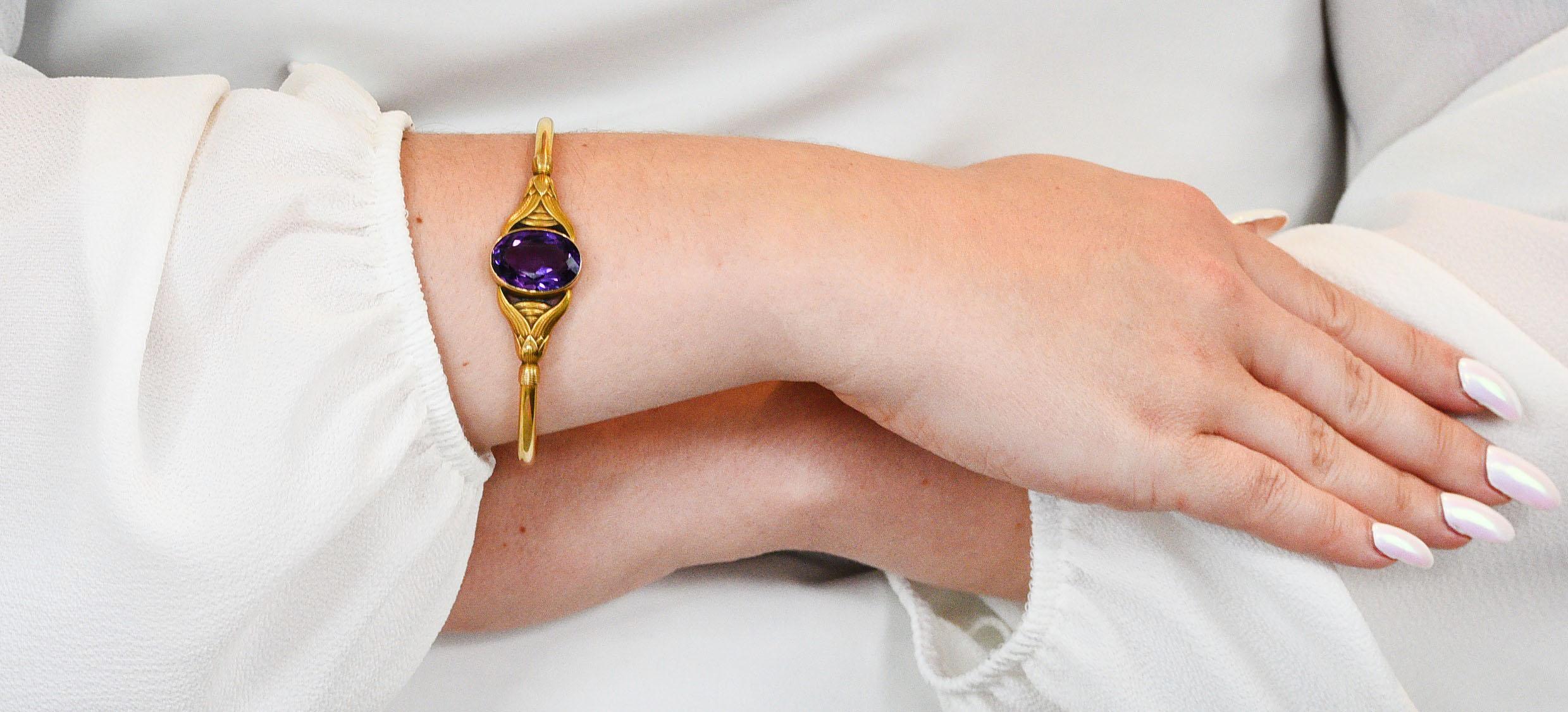 Sloan & Co. Amethyst 14 Karat Gold Egyptian Revival Nouveau Bangle Bracelet 7