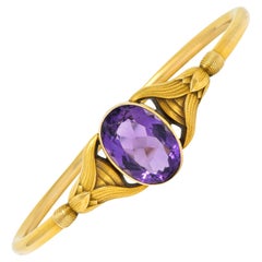 Sloan & Co. Amethyst 14 Karat Gold Egyptian Revival Nouveau Bangle Bracelet