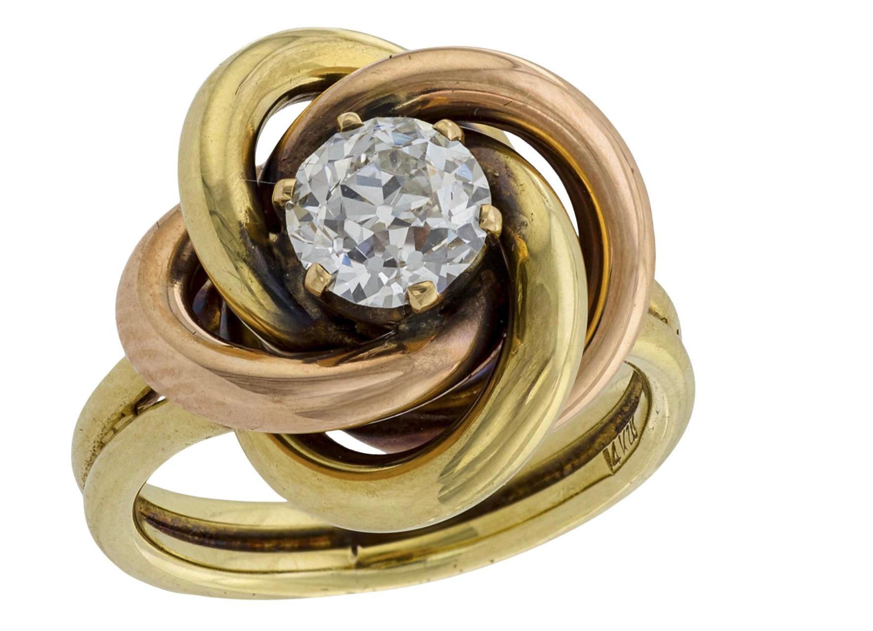 SLOAN & CO. Art Deco 14k Diamond Knot-Motif Ring For Sale 1