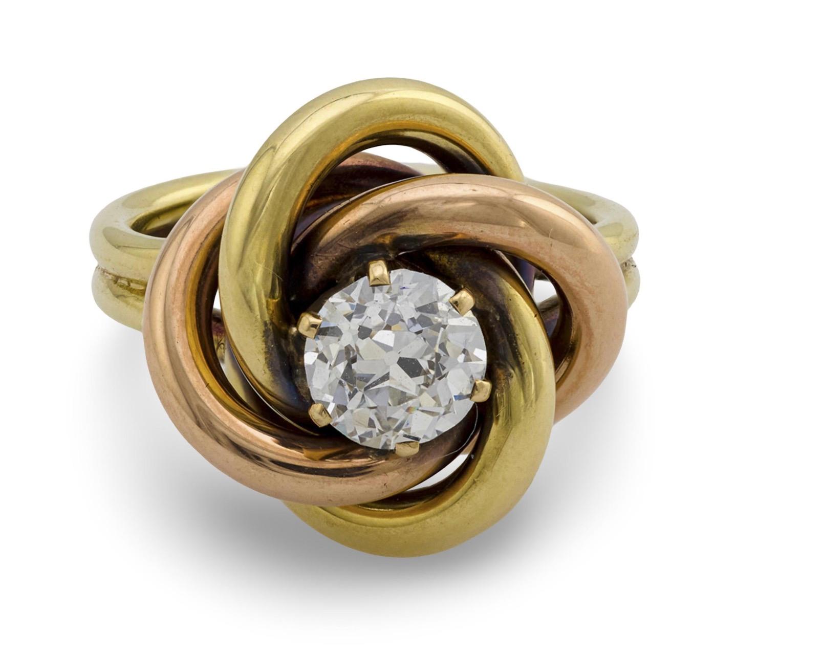 SLOAN & CO. Art Deco 14k Diamond Knot-Motif Ring For Sale 2