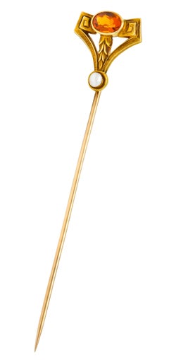Sloan & Co. Art Nouveau Citrine Pearl 14 Karat Gold Stylized Greek Key Stickpin