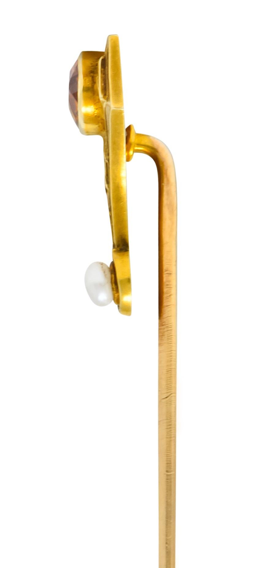 Oval Cut Sloan & Co. Art Nouveau Citrine Pearl 14 Karat Gold Stylized Greek Key Stickpin For Sale