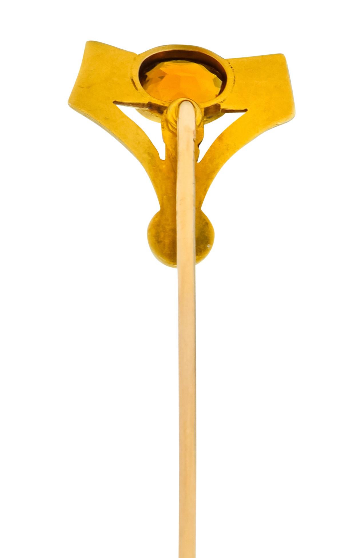 Oval Cut Sloan & Co. Art Nouveau Citrine Pearl 14 Karat Gold Stylized Greek Key Stickpin For Sale