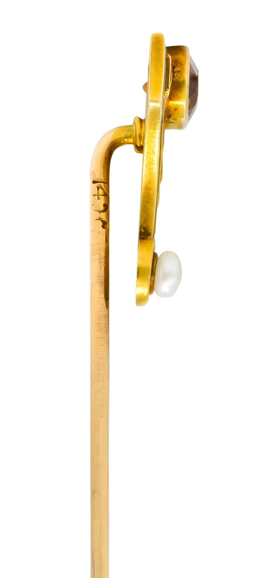 Women's or Men's Sloan & Co. Art Nouveau Citrine Pearl 14 Karat Gold Stylized Greek Key Stickpin For Sale