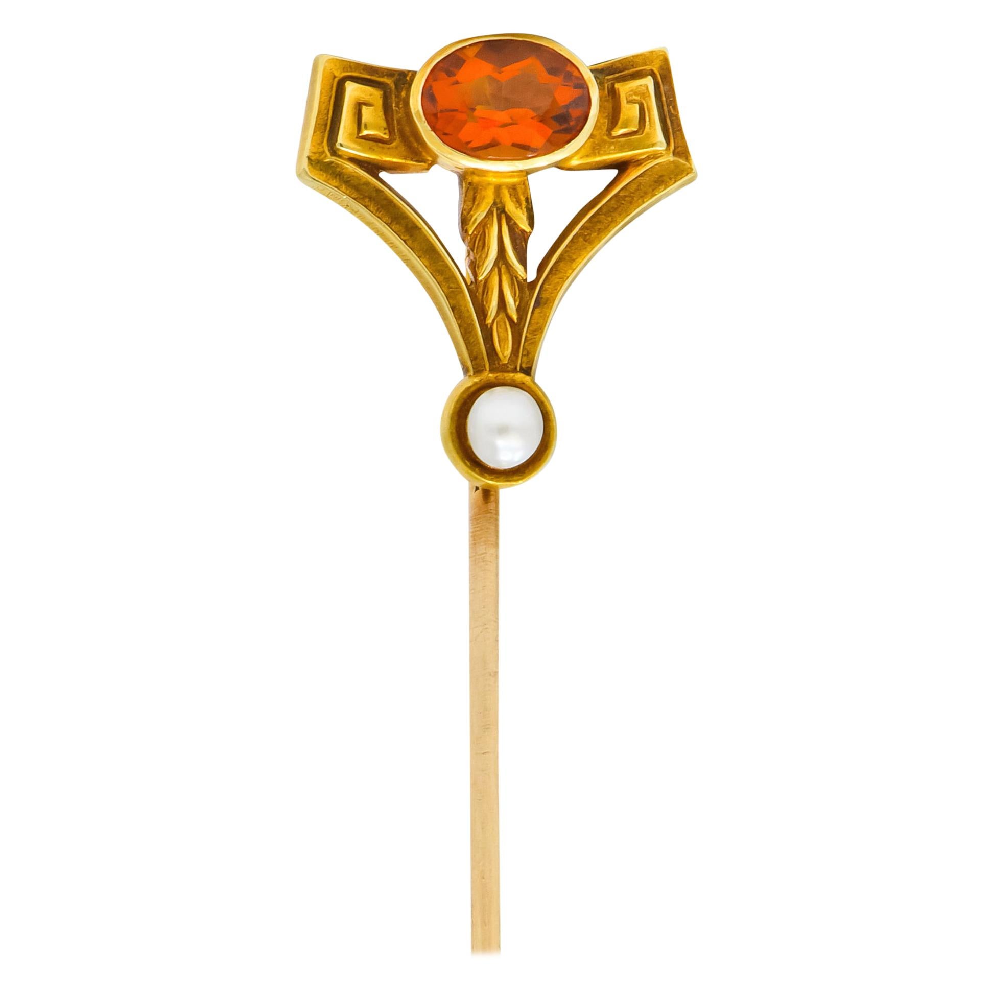 Sloan & Co. Art Nouveau Citrine Pearl 14 Karat Gold Stylized Greek Key Stickpin