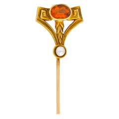 Sloan & Co. Art Nouveau Perla Citrina Oro de 14 Kilates Clave Griega Estilizada Chincheta