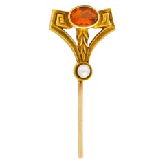 Antique Sloan & Co. Art Nouveau Citrine Pearl 14 Karat Gold Stylized Greek Key Stickpin