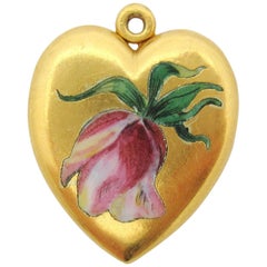 Sloan & Co. Art Nouveau Enamel Flower Heart Locket 14 Karat Gold Antique Locket