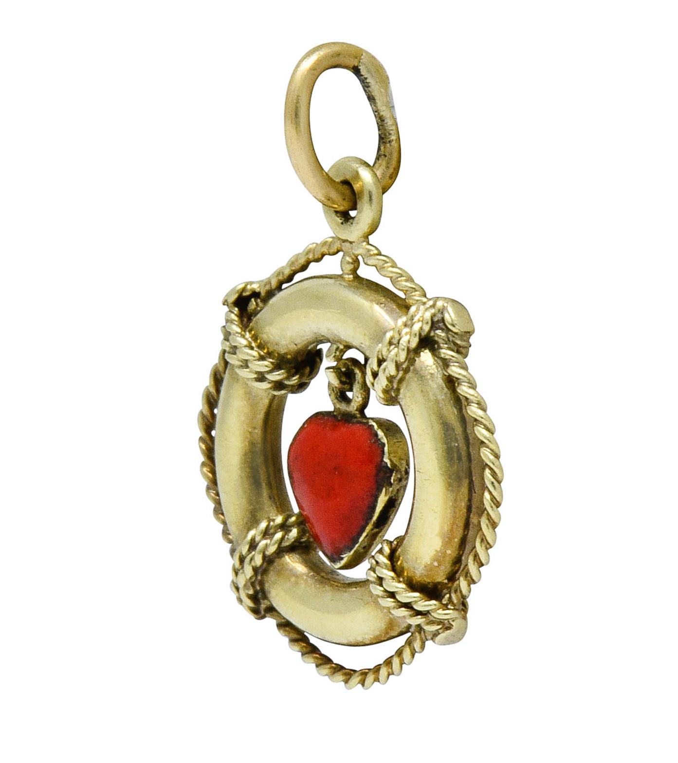 Sloan & Co. Retro 14 Karat Gold Articulated Heart Life Preserver Charm In Excellent Condition In Philadelphia, PA