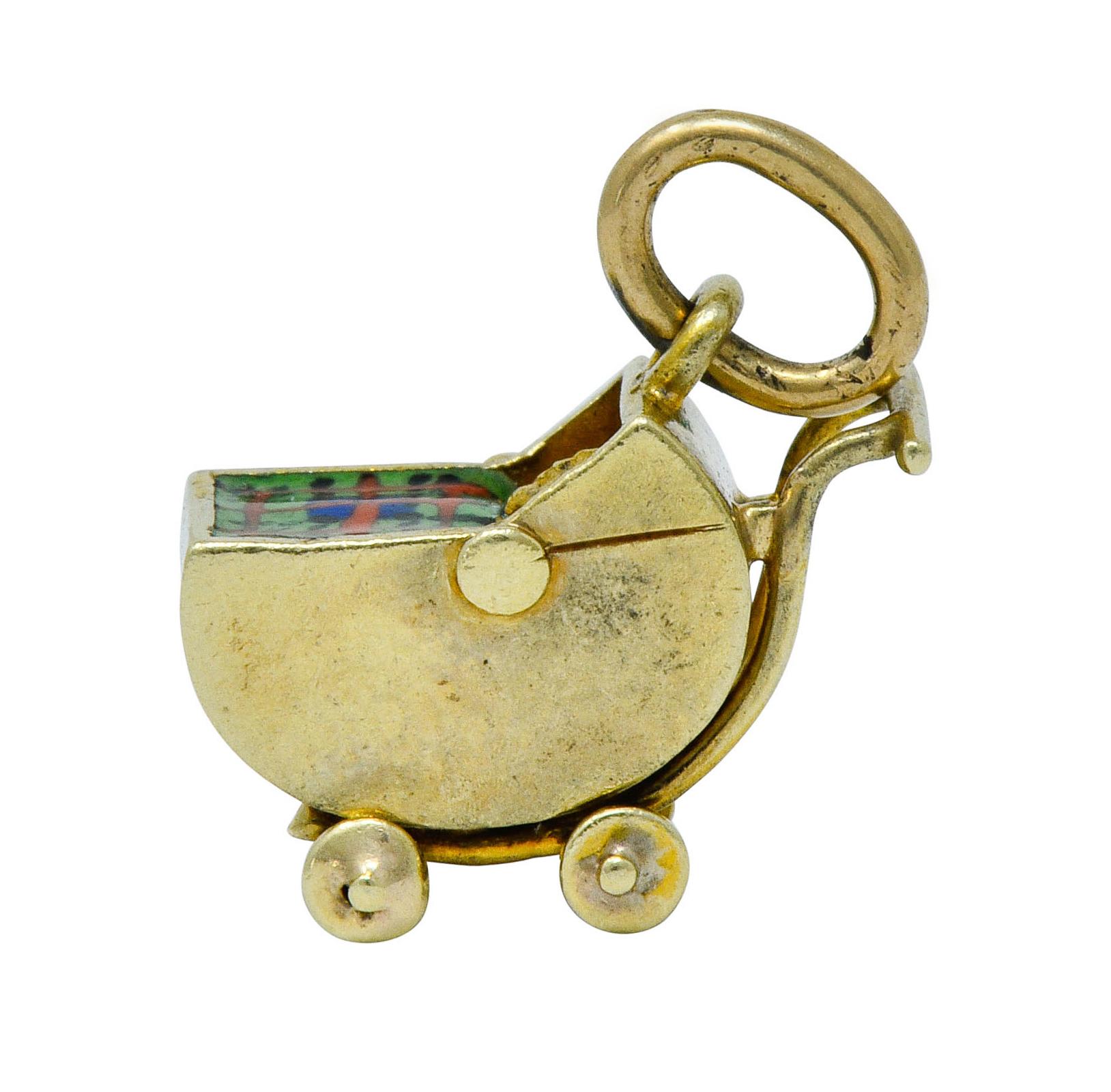 Women's or Men's Sloan & Co. Retro Enamel 14 Karat Gold Baby Carriage Charm