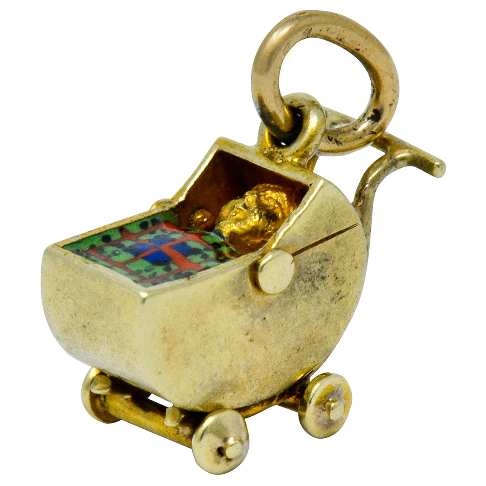 Sloan & Co. Retro Enamel 14 Karat Gold Baby Carriage Charm