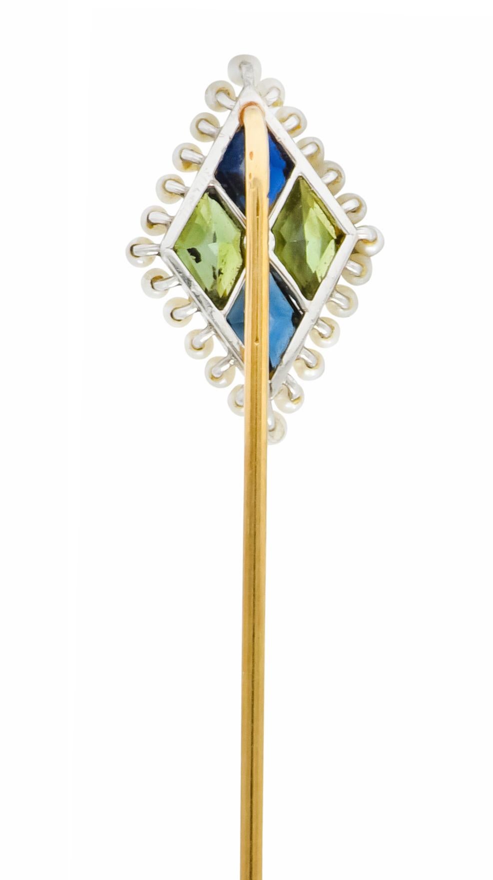 Sloan & Co. Sapphire Pearl Platinum-Topped 14 Karat Gold Harlequin Stickpin In Excellent Condition For Sale In Philadelphia, PA