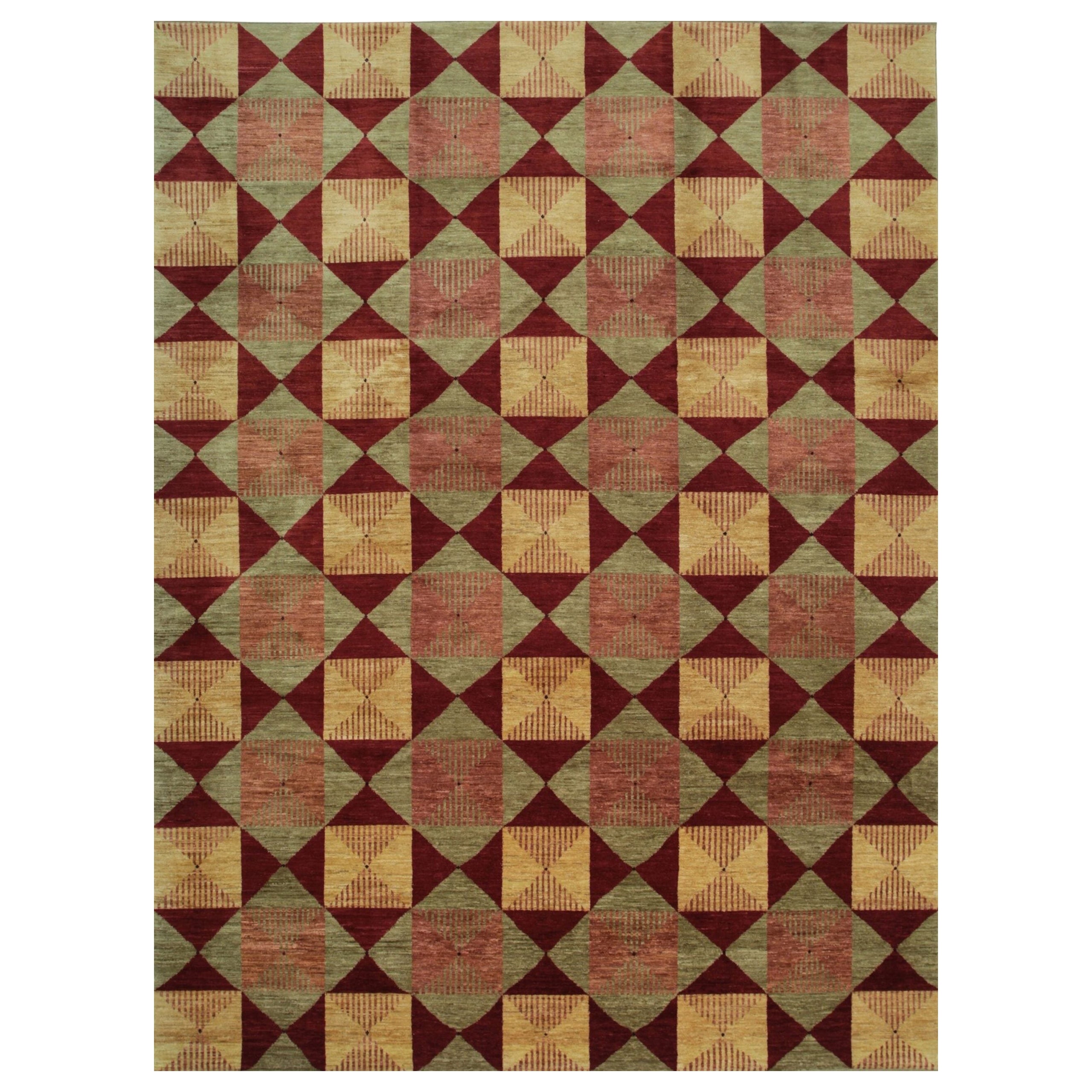 Sloane Diamond Red Hand-Knotted Afghan Wool Rug Carpet, Geometric Design