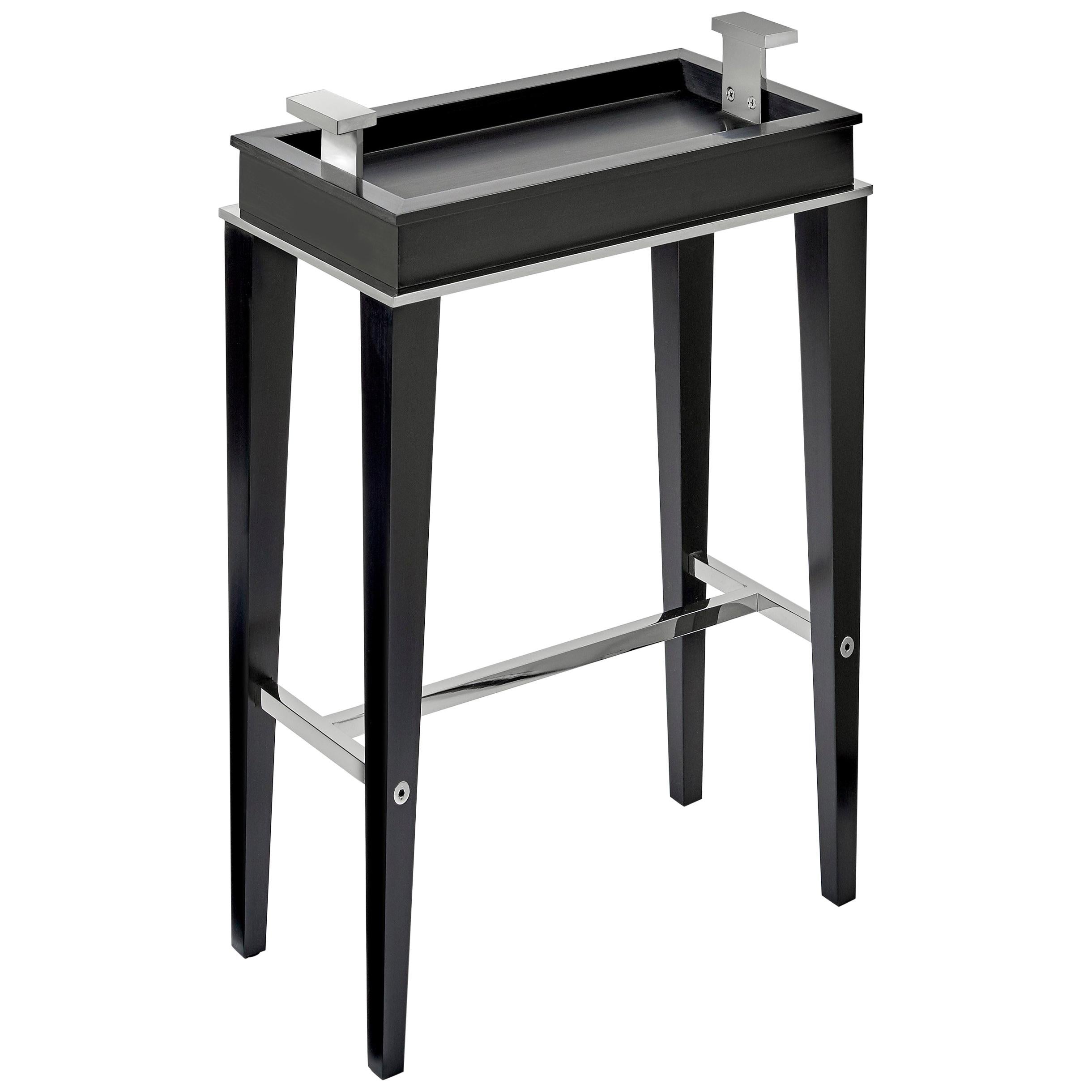 Sloane Contemporary Drink Table in Antique Black Lacquer and Polished Nickel For Sale