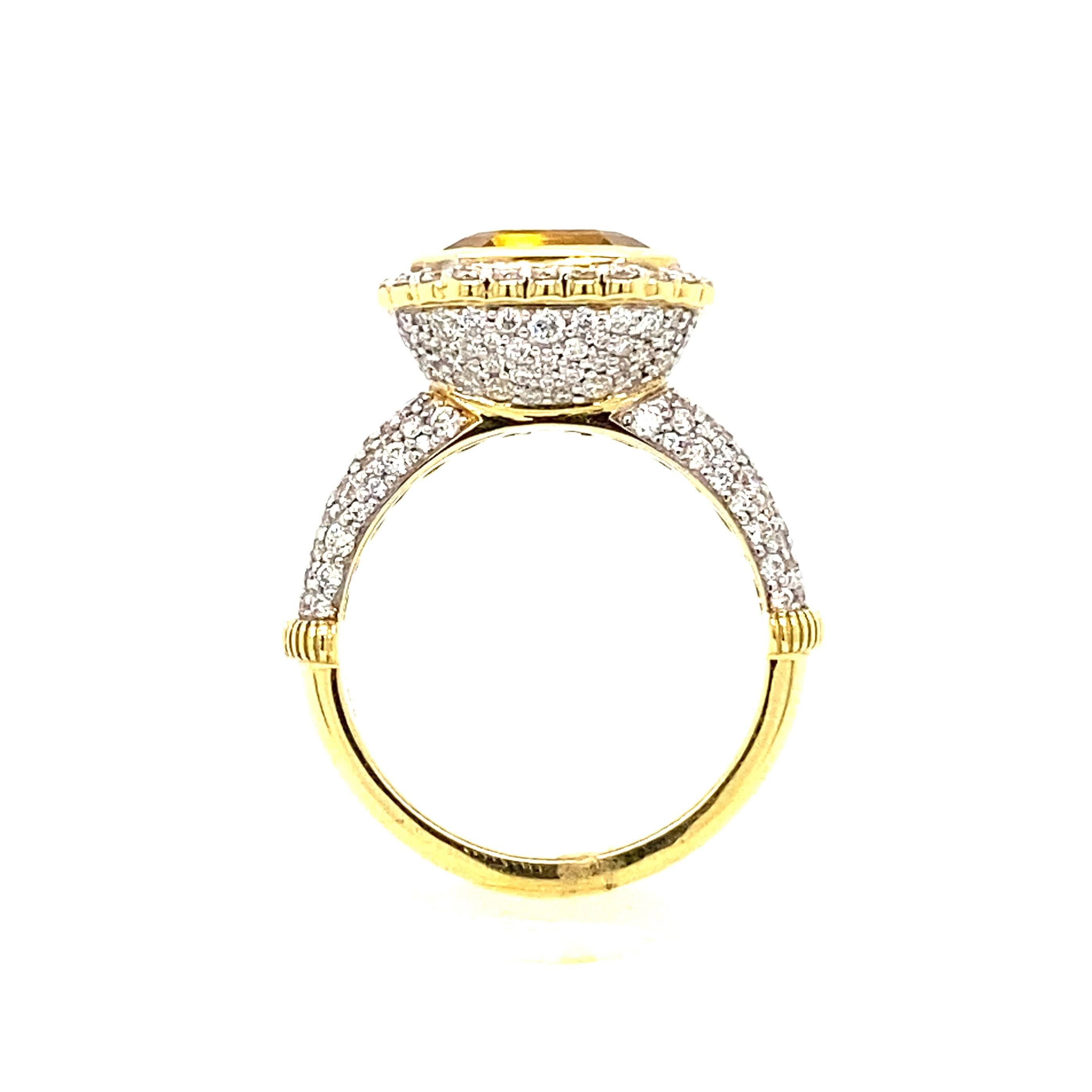 Sloane Street one-of-a-kind yellow beryl cocktail ring in 18k yellow gold features a vibrant bezel set asscher cut yellow beryl set off by a white diamond halo and stunning pave white diamonds that wrap the entire shank and gallery. Size 7