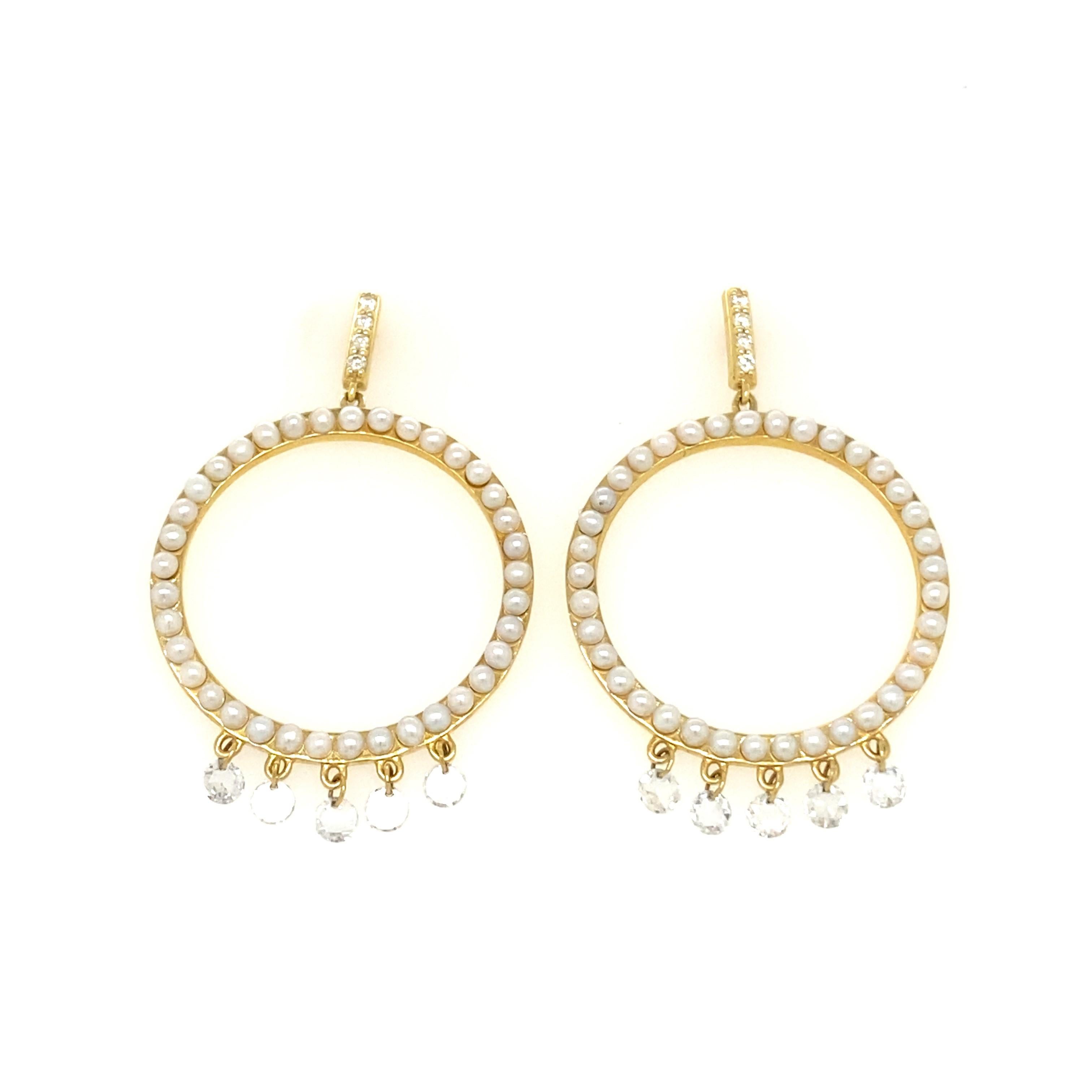 Sloane Street open circle chandelier earring is a playful pearl earring with five hanging micro-drilled rosecut diamonds in 18k yellow gold, creating movement and sparkle with every step.
