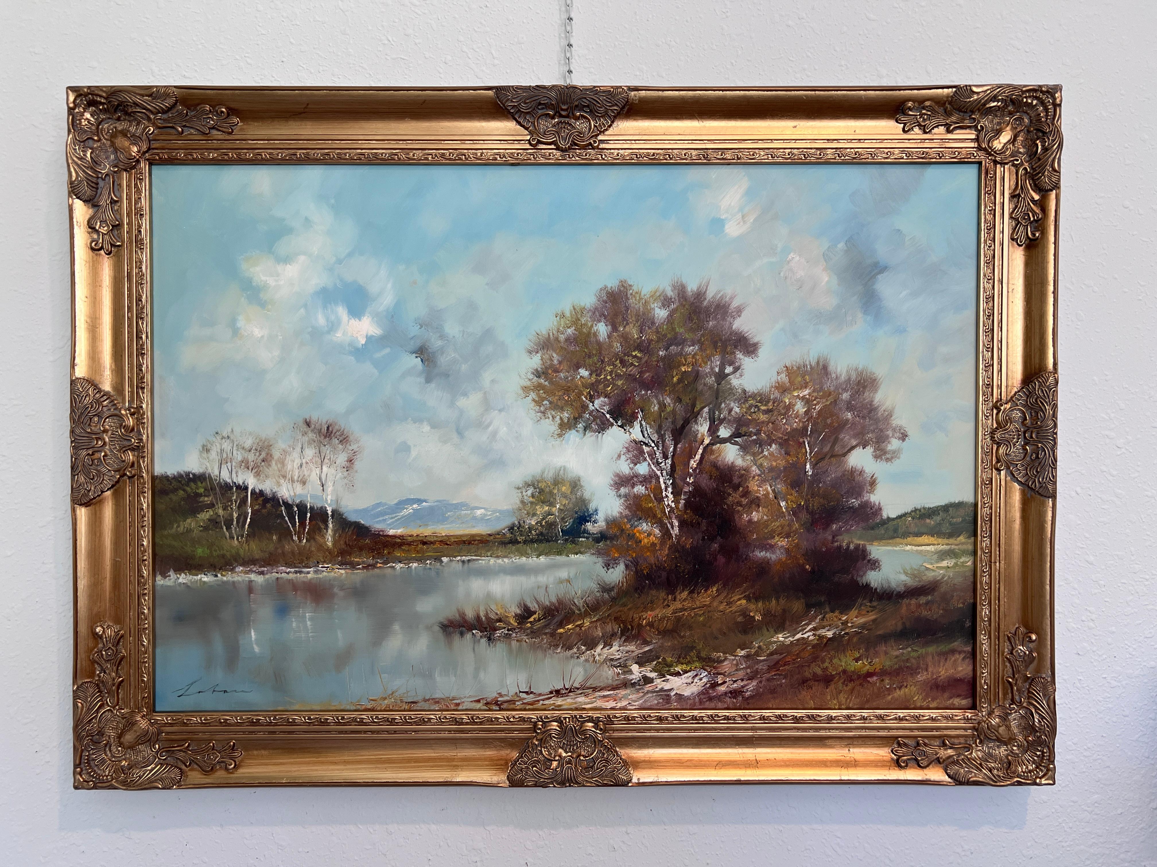 S. Lobau (Europa) Pittura a olio su tela di grandi dimensioni Paesaggio di betulle Scena di fiume - Painting di S.Lobau