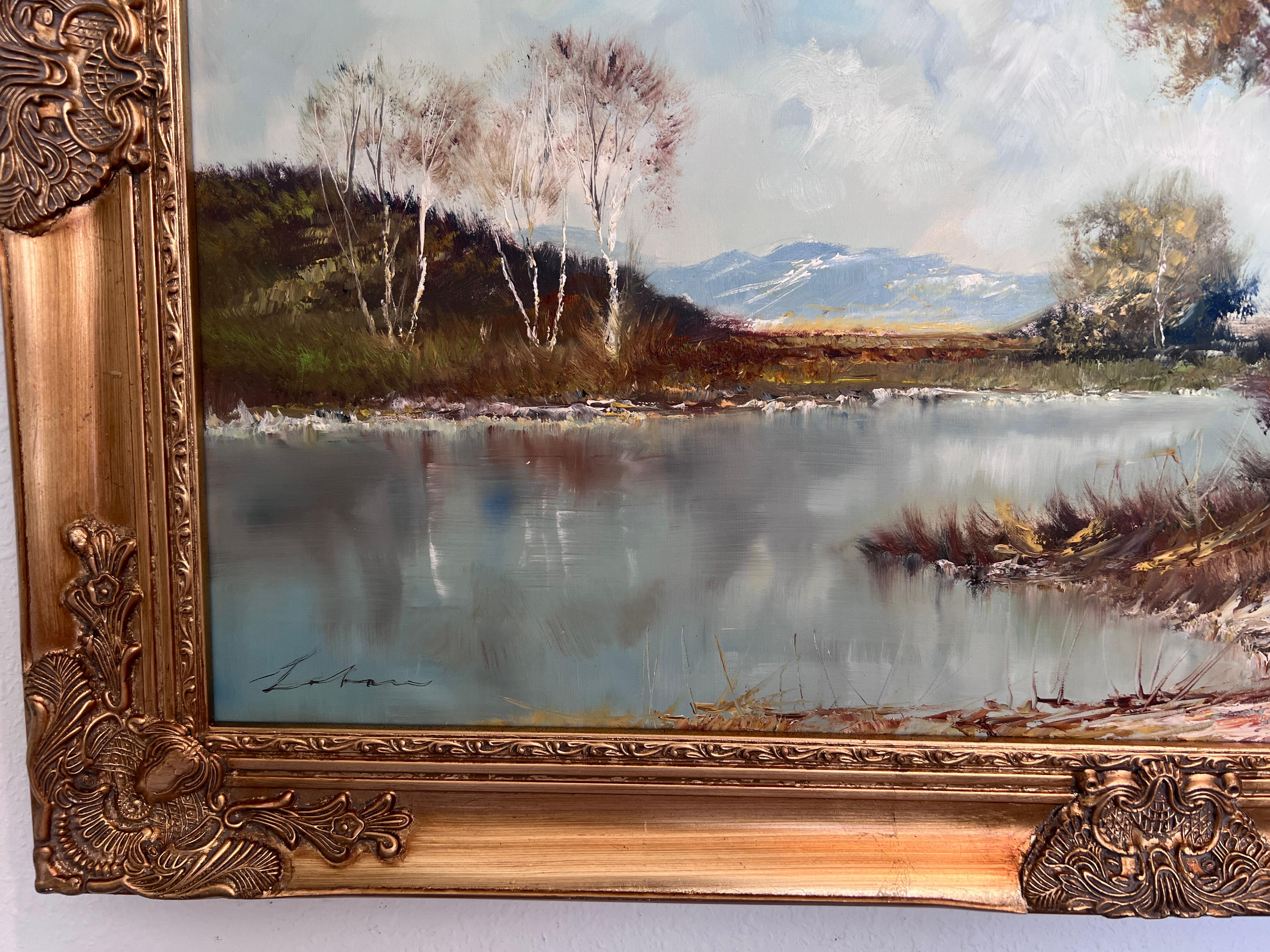 S. Lobau (Europa) Pittura a olio su tela di grandi dimensioni Paesaggio di betulle Scena di fiume - Landscape Painting Grigio di S.Lobau