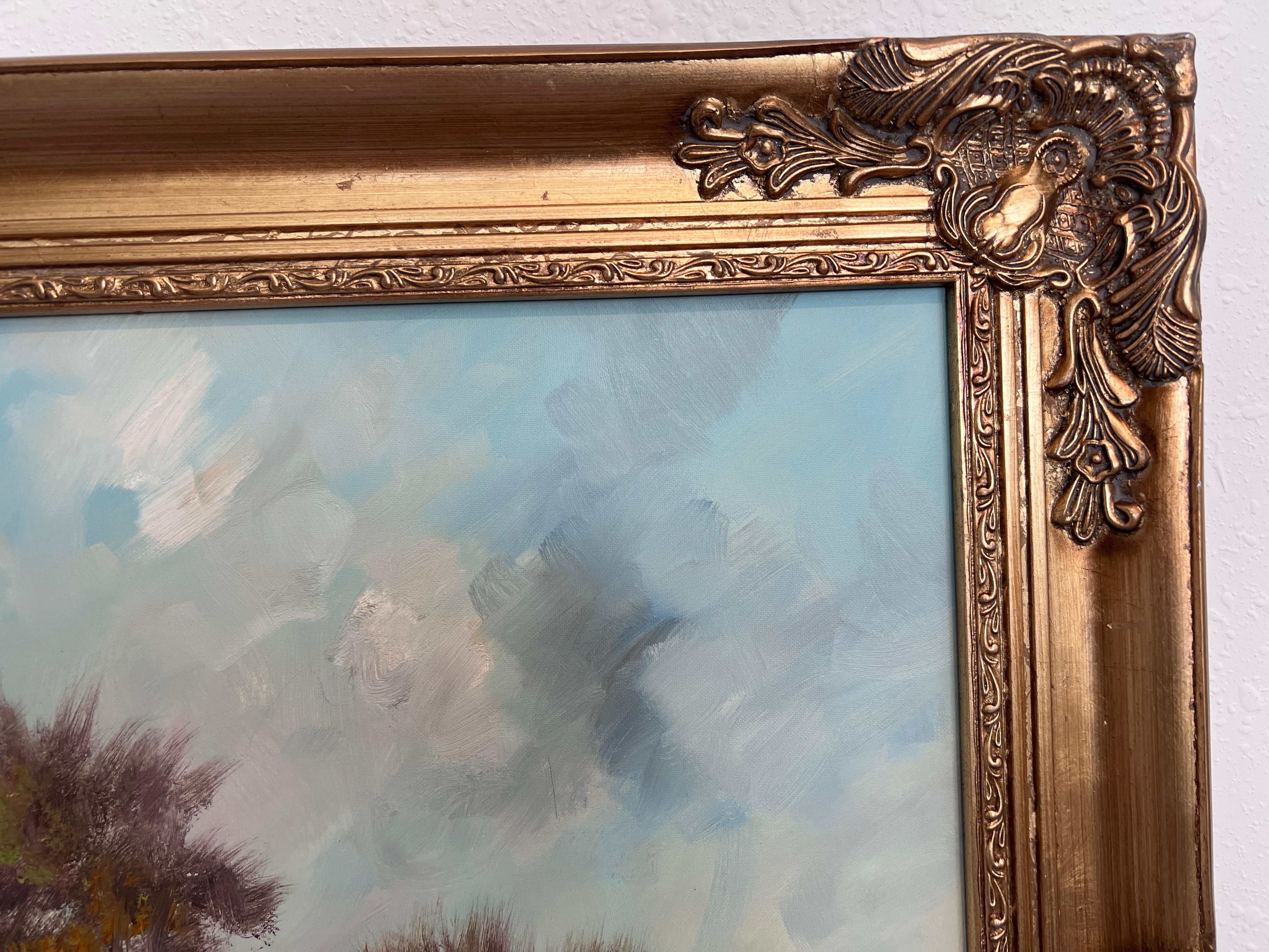 S. Lobau (Europa) Pittura a olio su tela di grandi dimensioni Paesaggio di betulle Scena di fiume in vendita 1