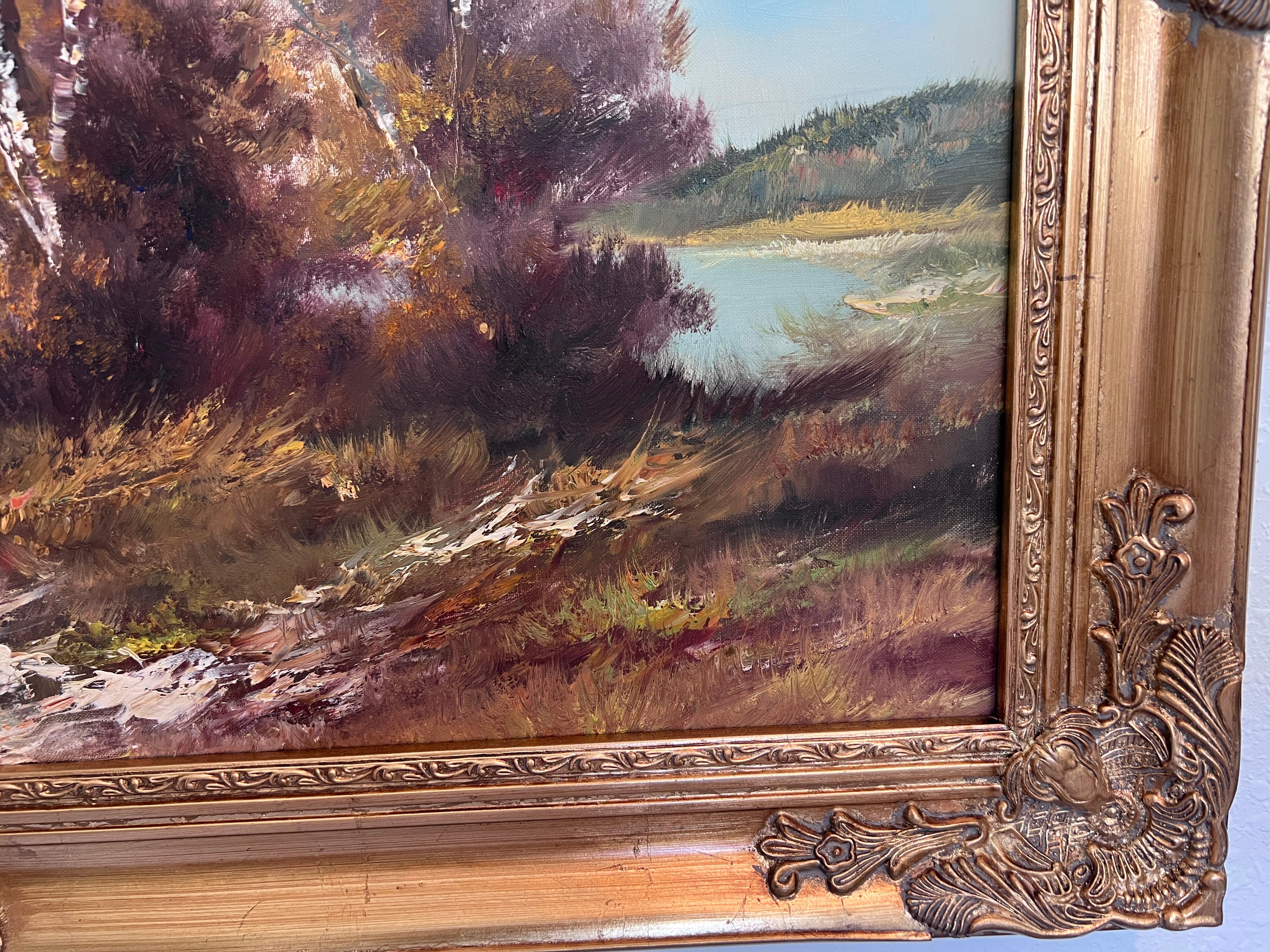 S. Lobau (Europa) Pittura a olio su tela di grandi dimensioni Paesaggio di betulle Scena di fiume in vendita 2