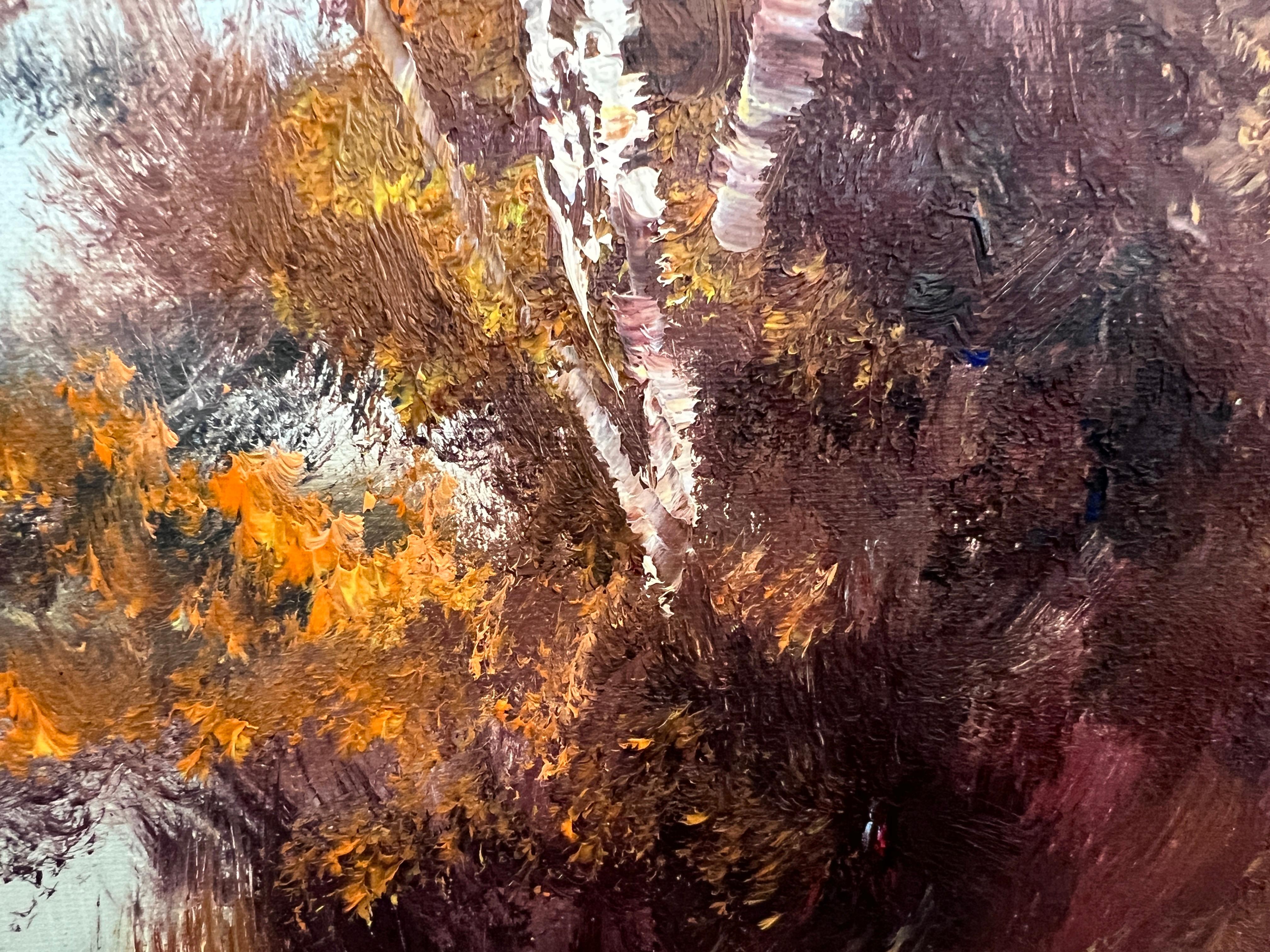 S. Lobau (Europa) Pittura a olio su tela di grandi dimensioni Paesaggio di betulle Scena di fiume in vendita 4