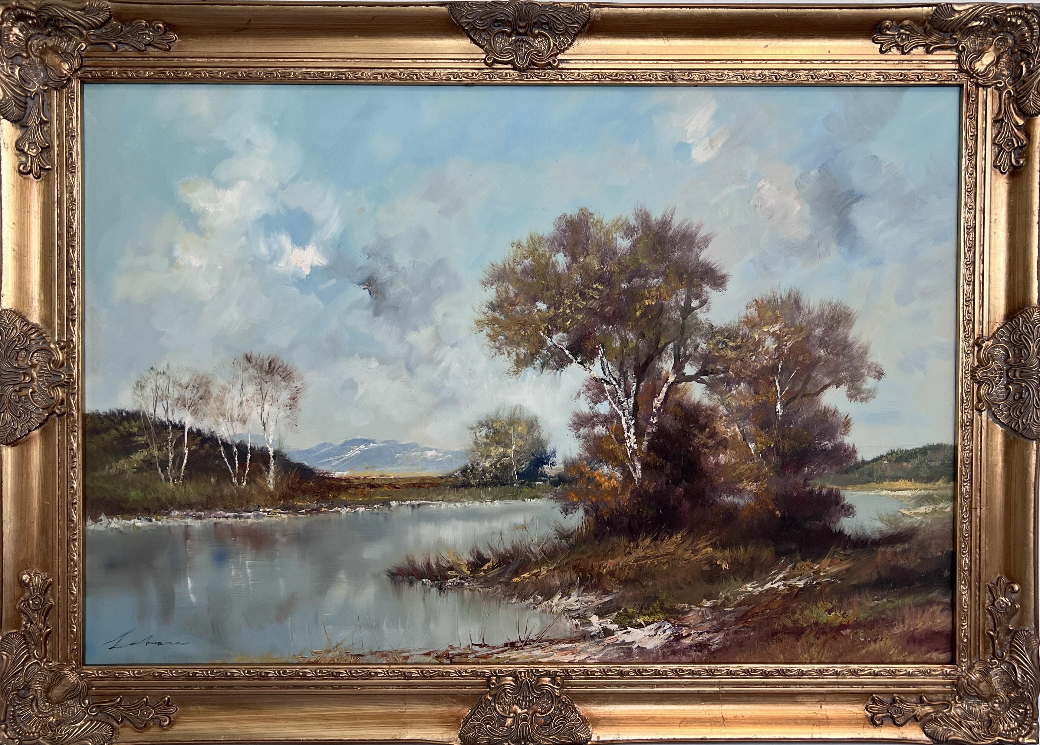 Landscape Painting di S.Lobau - S. Lobau (Europa) Pittura a olio su tela di grandi dimensioni Paesaggio di betulle Scena di fiume
