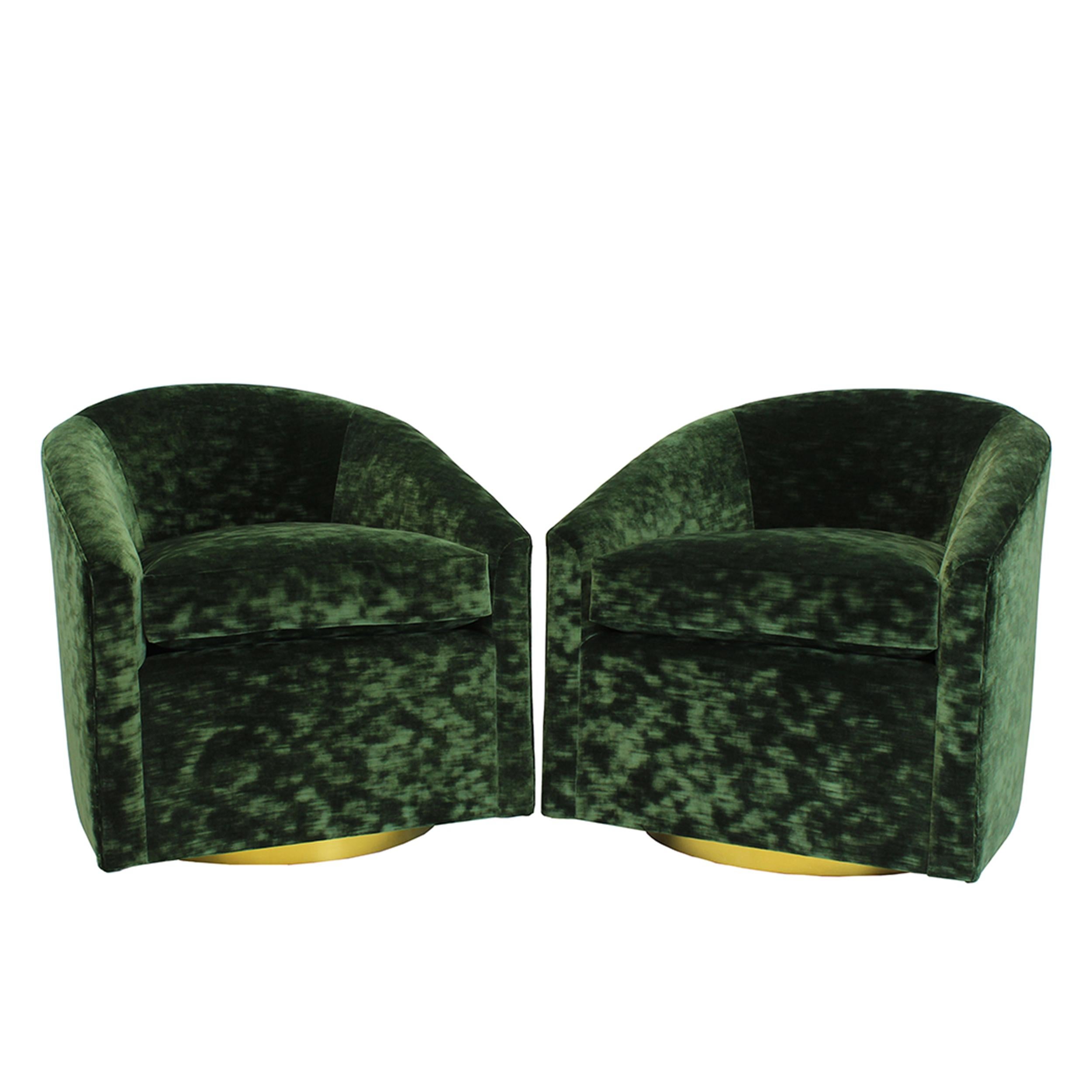 American Slope Arm Bucket Swivel Chair w Brass Base & English Racing Green Crushed Velvet For Sale