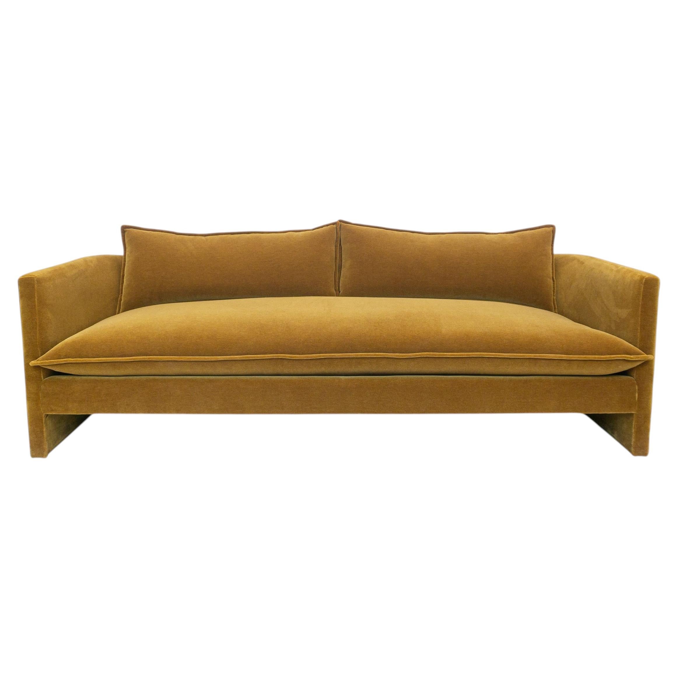 Slope Arm Sofa in Amber Mohair Velvet with Flared Panel Base