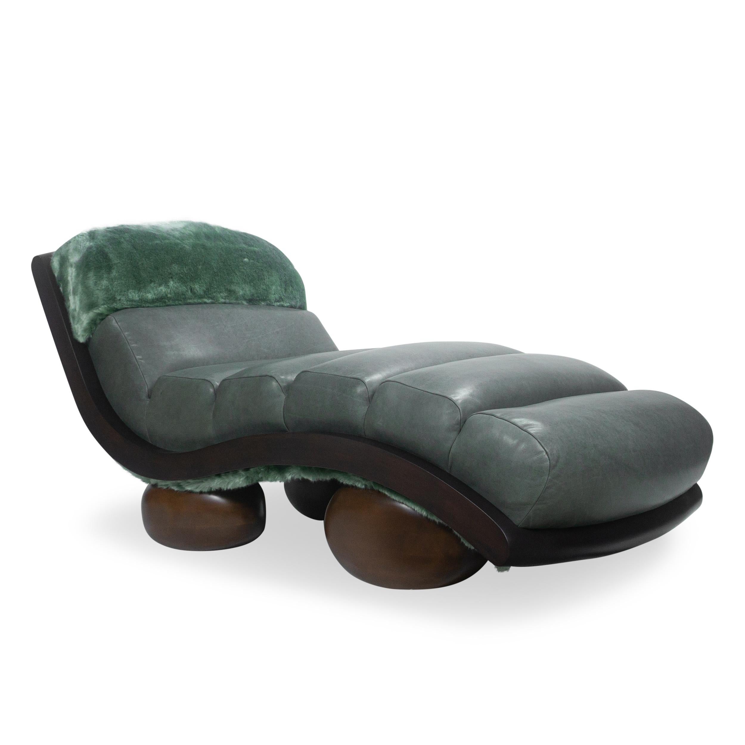 Organic Modern Sloping Chaise w/ Channeled Upholstery + Round Wood Feet, Customizable For Sale