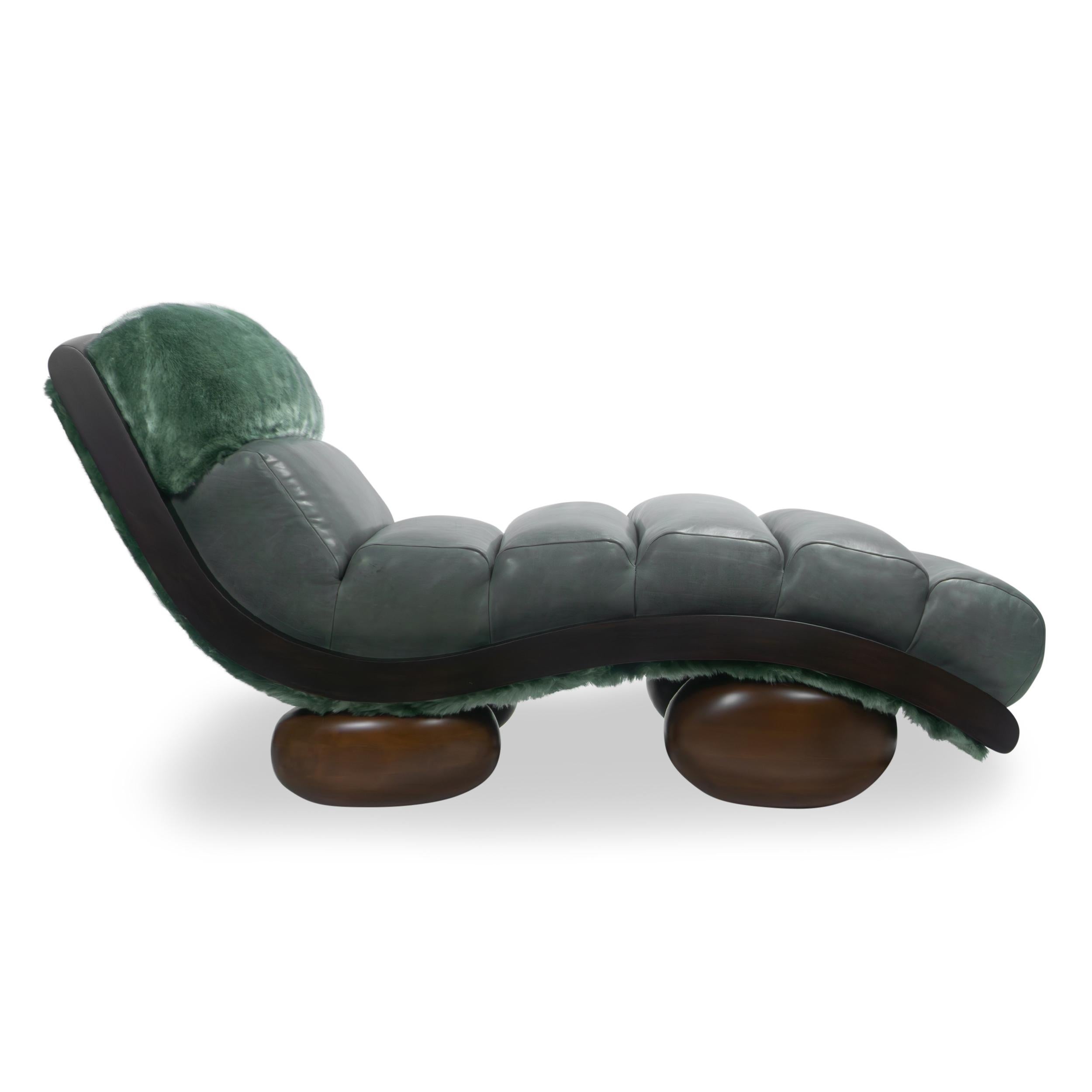 Contemporary Sloping Chaise w/ Channeled Upholstery + Round Wood Feet, Customizable For Sale