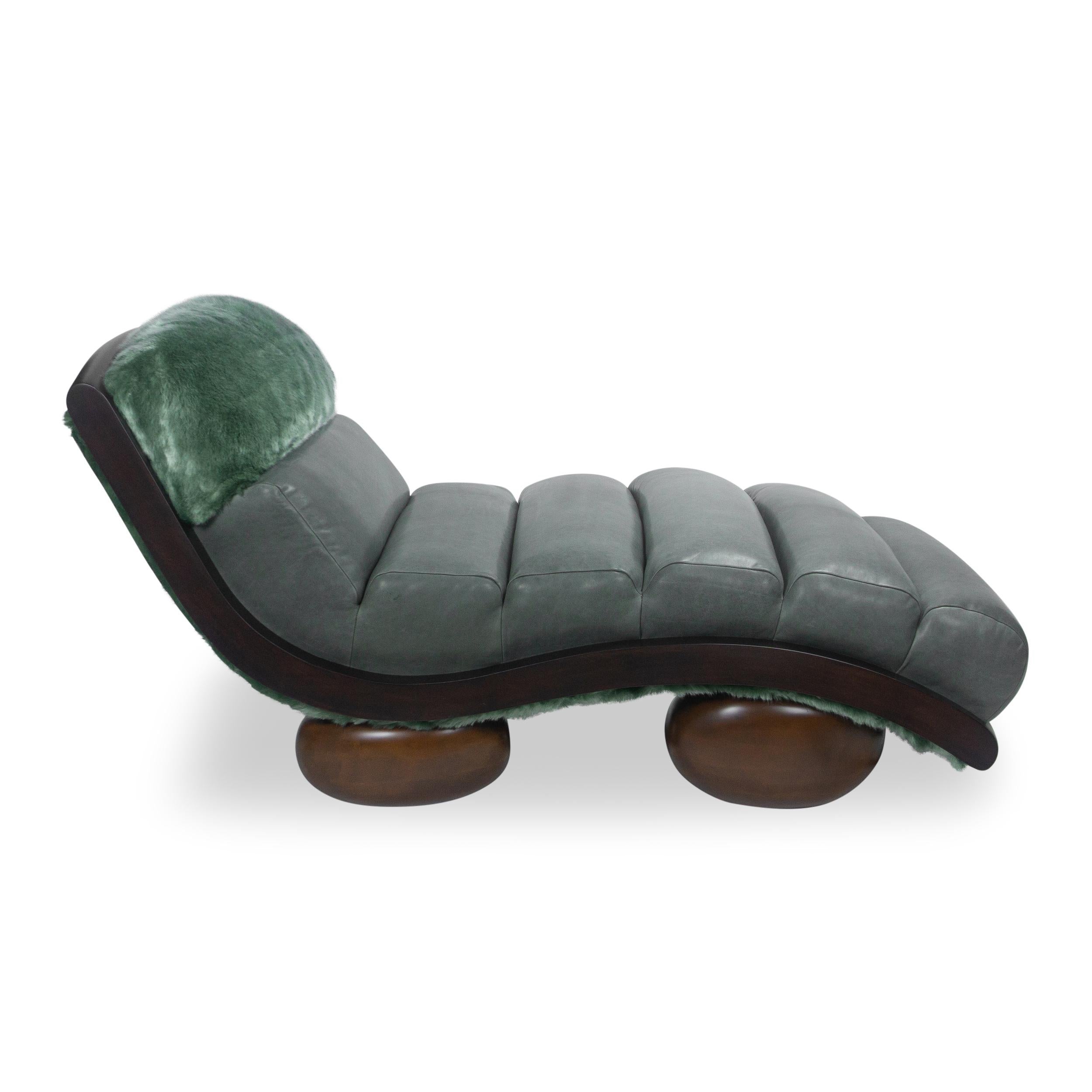 Cowhide Sloping Chaise w/ Channeled Upholstery + Round Wood Feet, Customizable For Sale