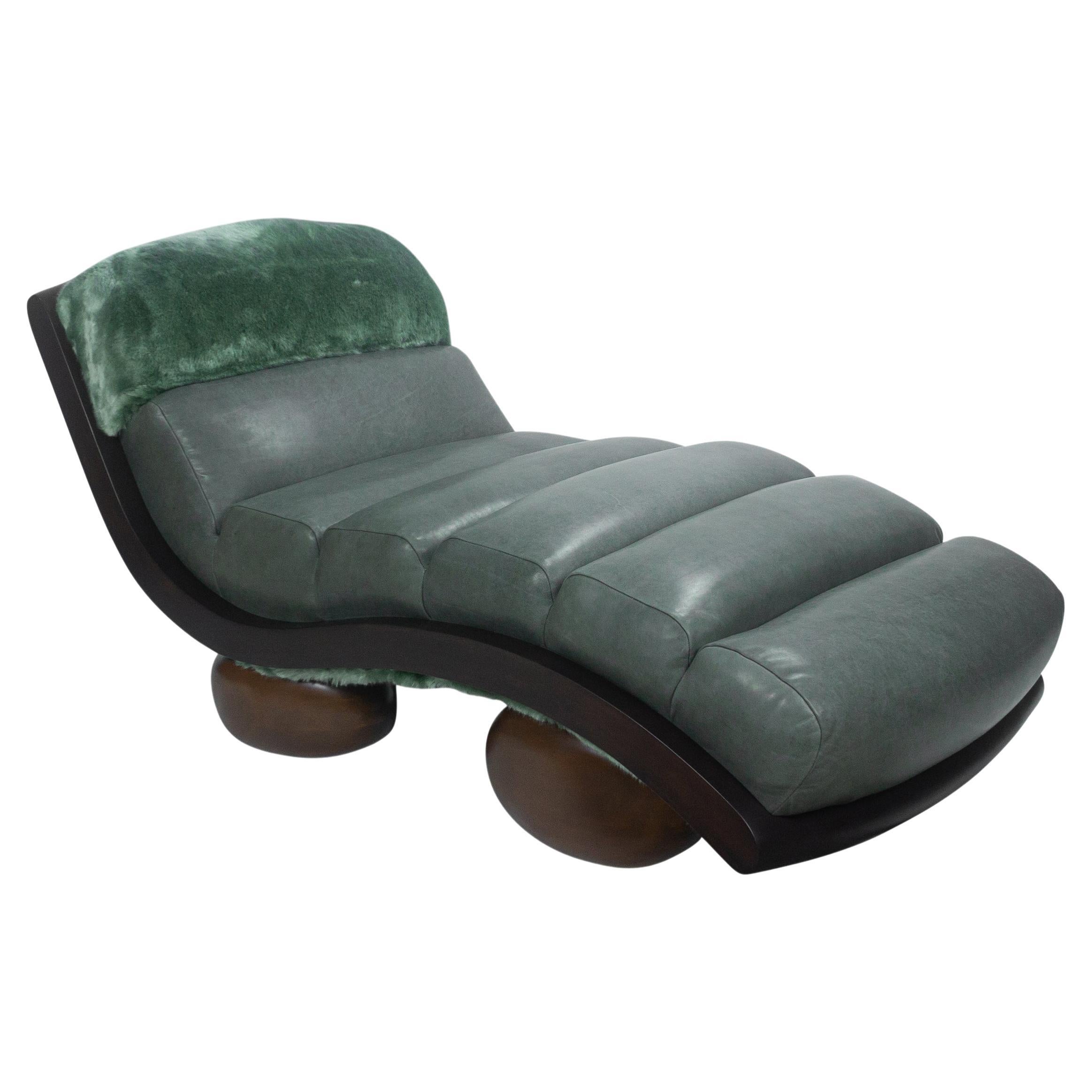 Sloping Chaise w/ Channeled Upholstery + Round Wood Feet, Customizable For Sale