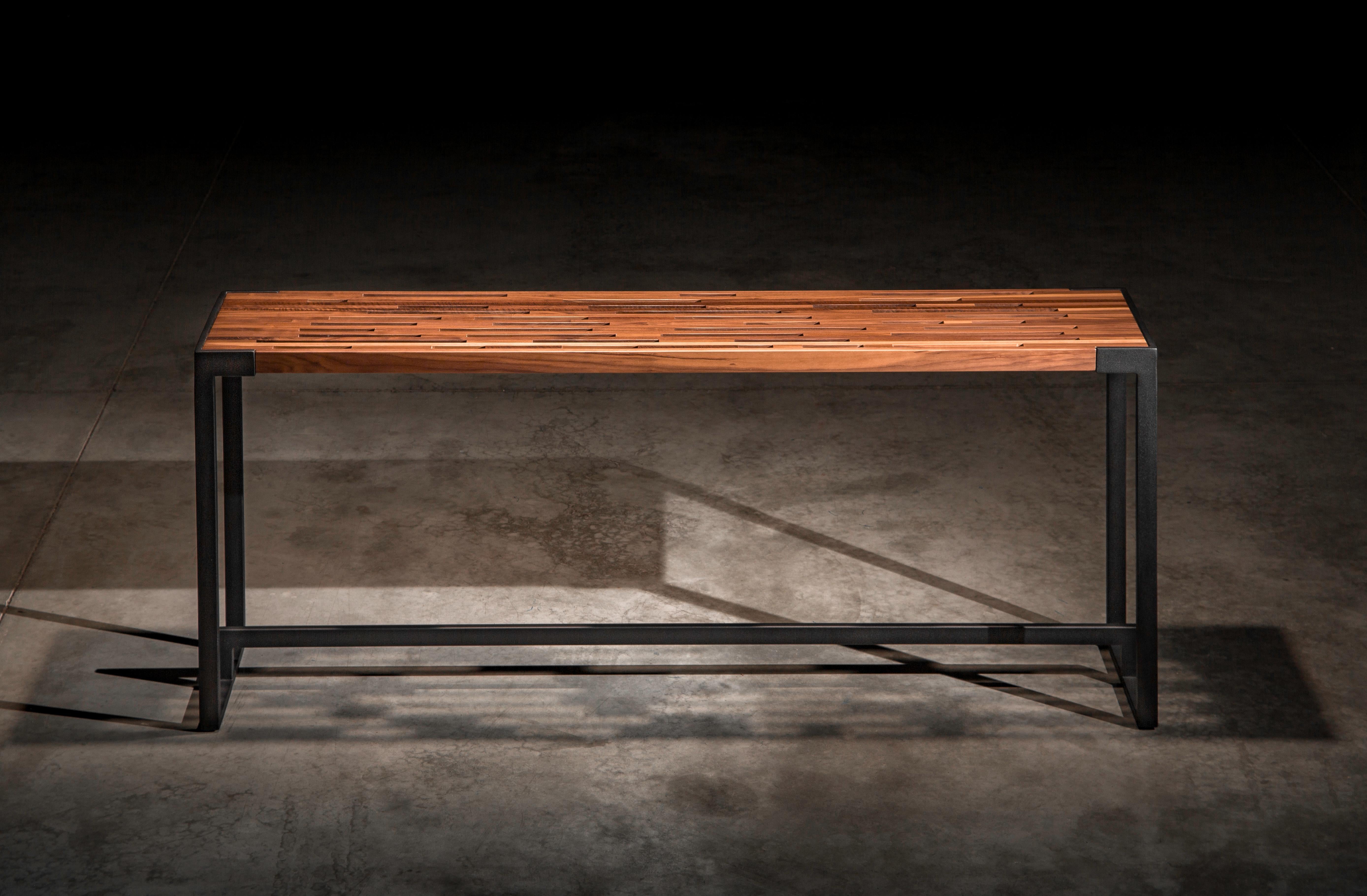 Organic Modern Slotted Solid Walnut Console Table on Black Steel Base 