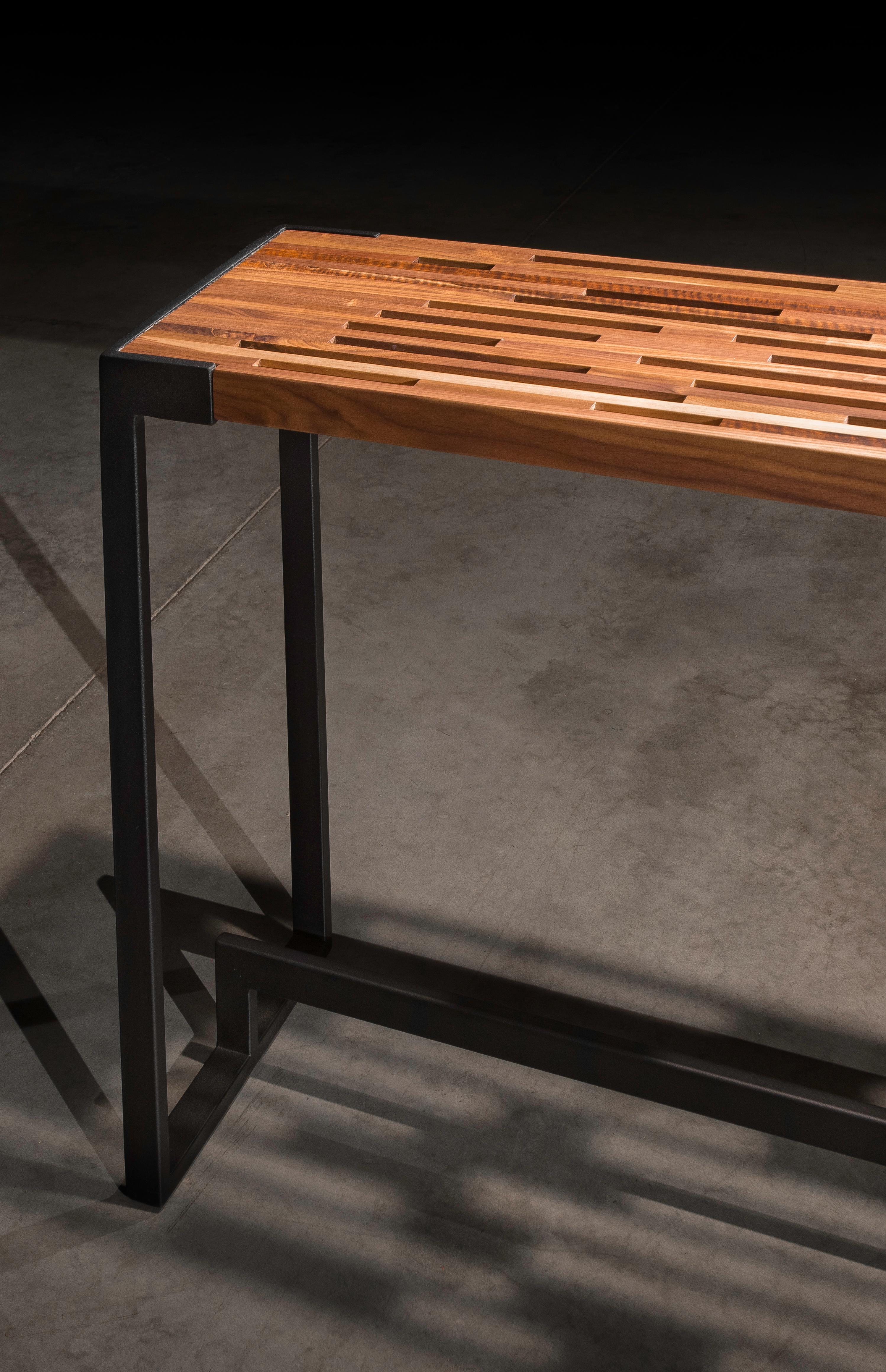 Welded Slotted Solid Walnut Console Table on Black Steel Base 