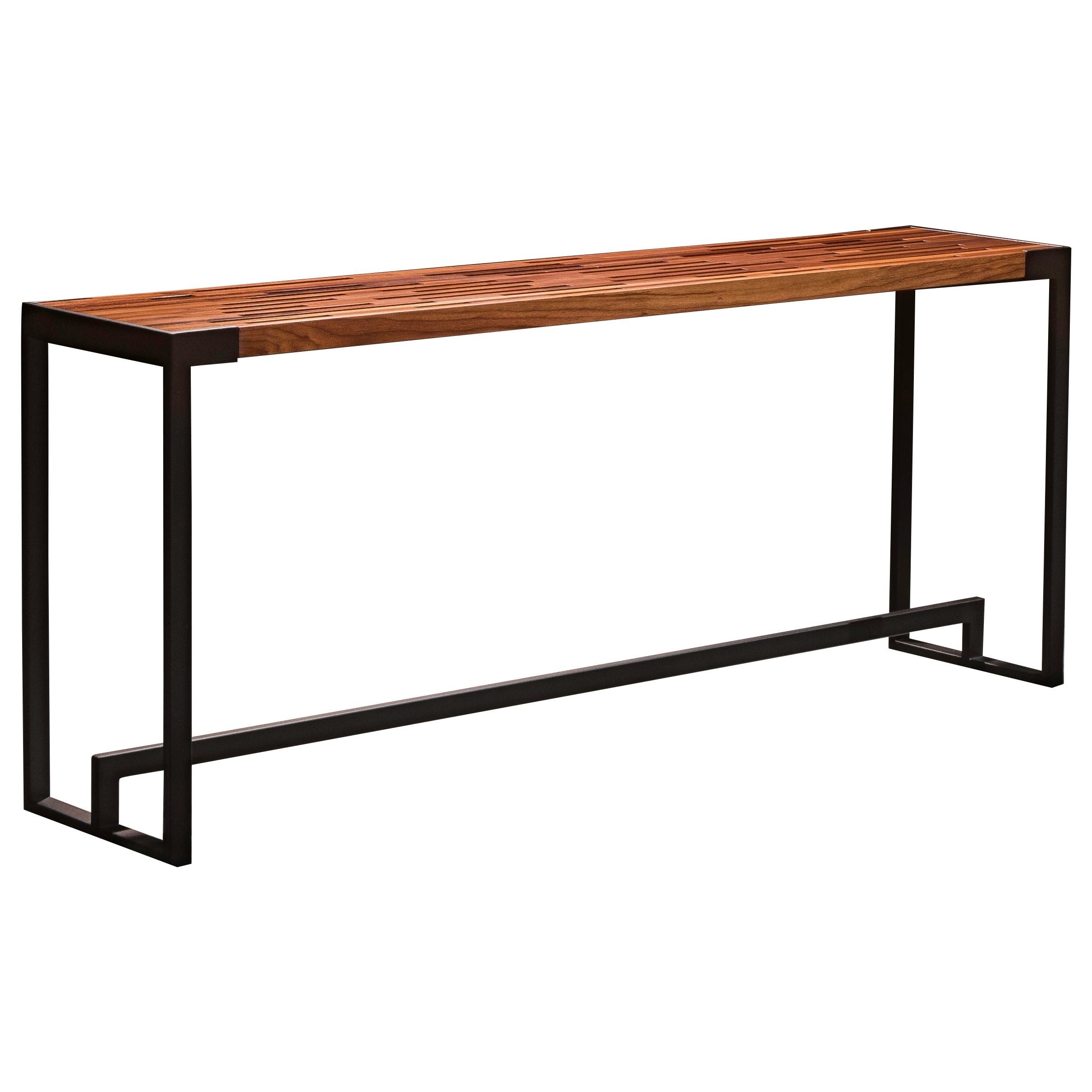 Table console en noyer massif à fentes sur base en acier noir « Table console à rallonges »