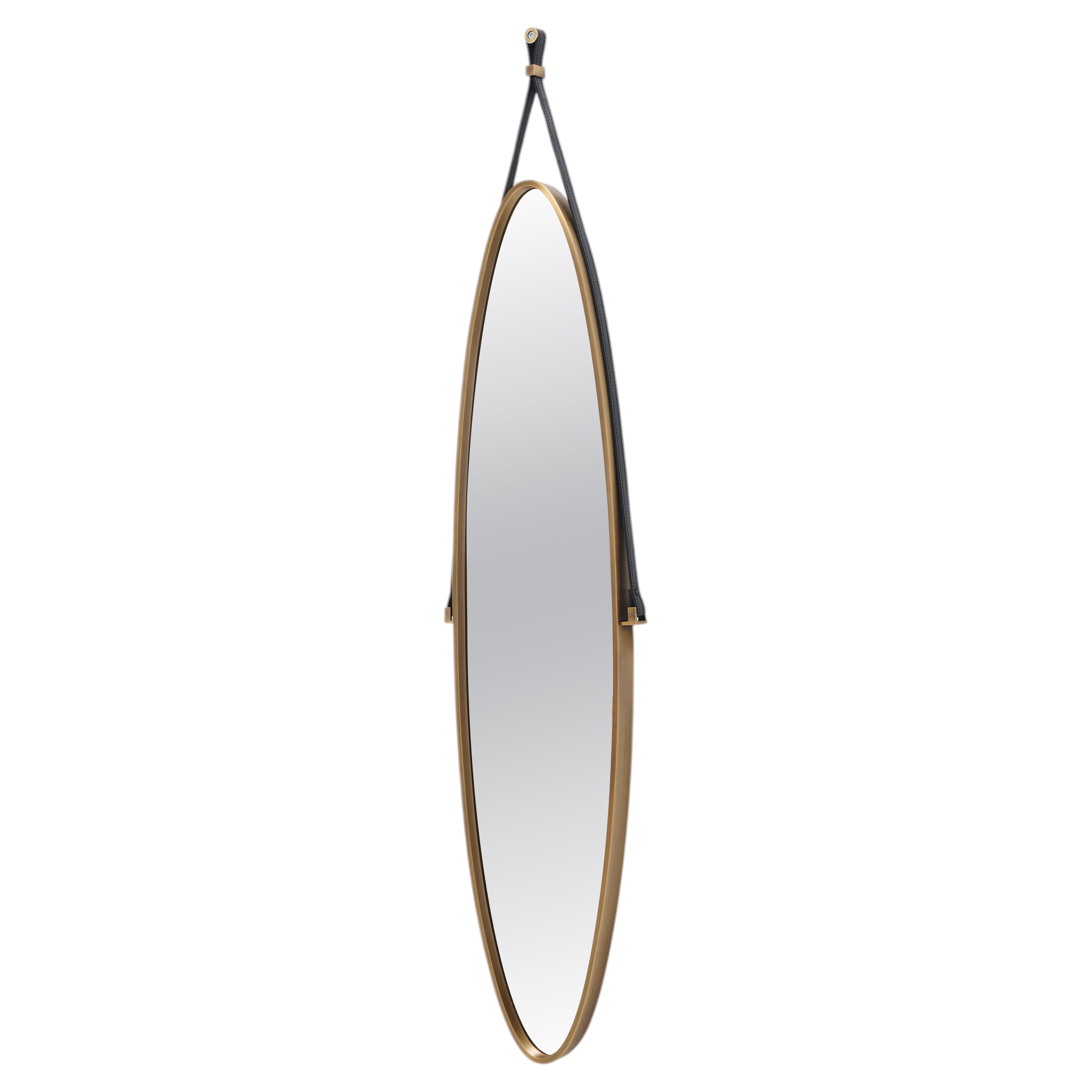 SLPB Elliptical Enameled Brass and Stitched Leather Mirror by Reda Amalou Design