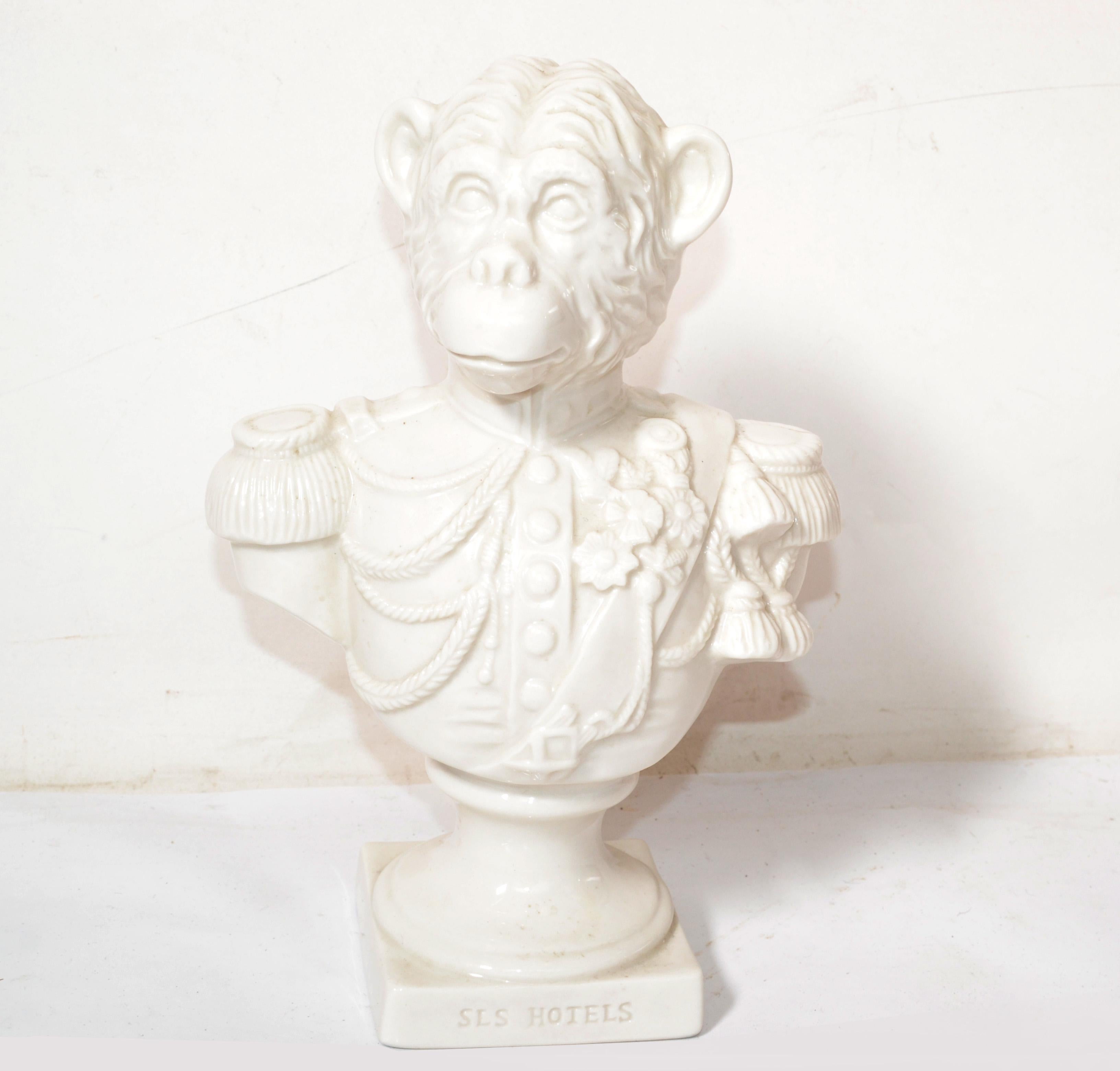 This Monkey bust by Cartoon Network is marked SLS Hotels.
It was designed for the SLS Hotels & Casino in Las Vegas. 
Made out of white Porcelain a cartoon monkey bust or Animal Sculpture.
In very good vintage condition, no breaks, chips, or