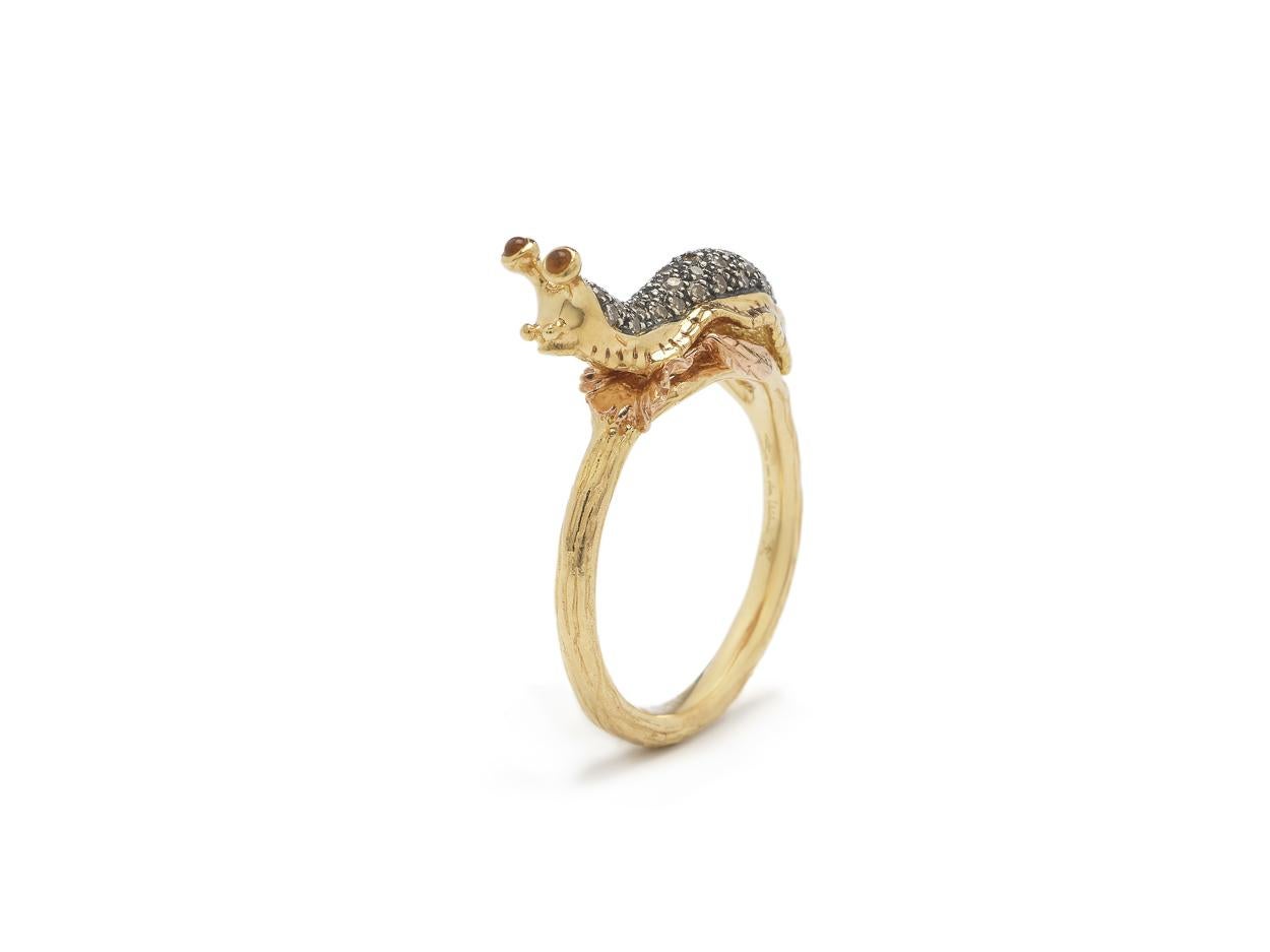 Contemporary Slug Stackable Ring of Diamonds Yellow and Rose Gold with Citrine Eyes For Sale