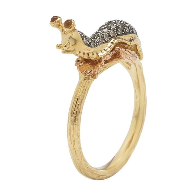 Slug Stackable Ring of Diamonds Yellow and Rose Gold with Citrine Eyes For Sale