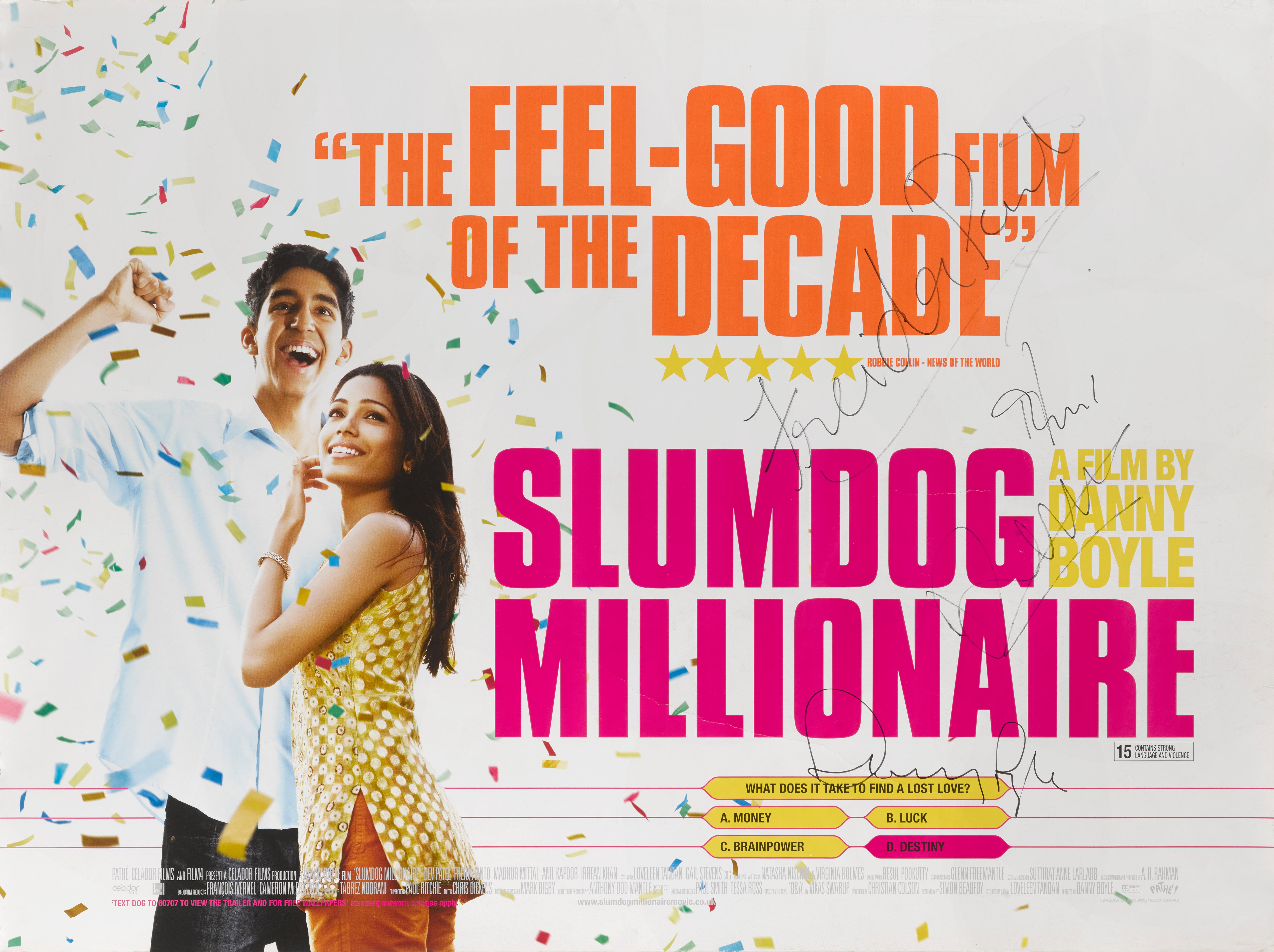 Affiche originale du film britannique Slumdog Millionaire Ce film a été réalisé par Danny Boyle et Loveleen Tanda (co-réalisateur). Le film est une large adaptation du roman Q & A (2005) de Vikas Swarup. La distribution comprend Dev Patel, Freida