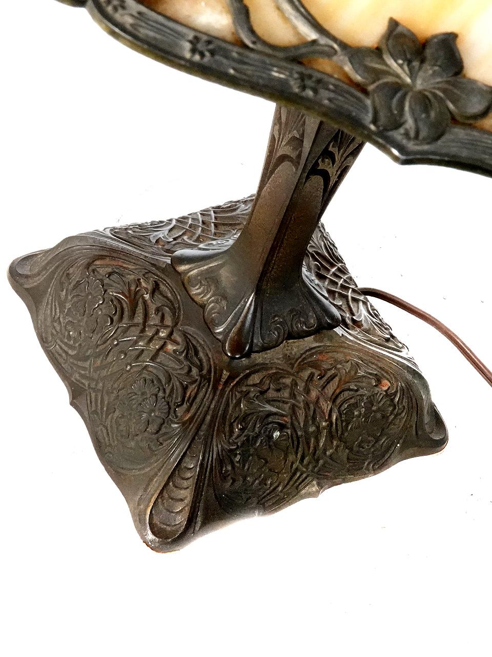 Art Nouveau Slump Glass Table Lamp with an Elaborate Filigree Overlay and Flared Shade For Sale