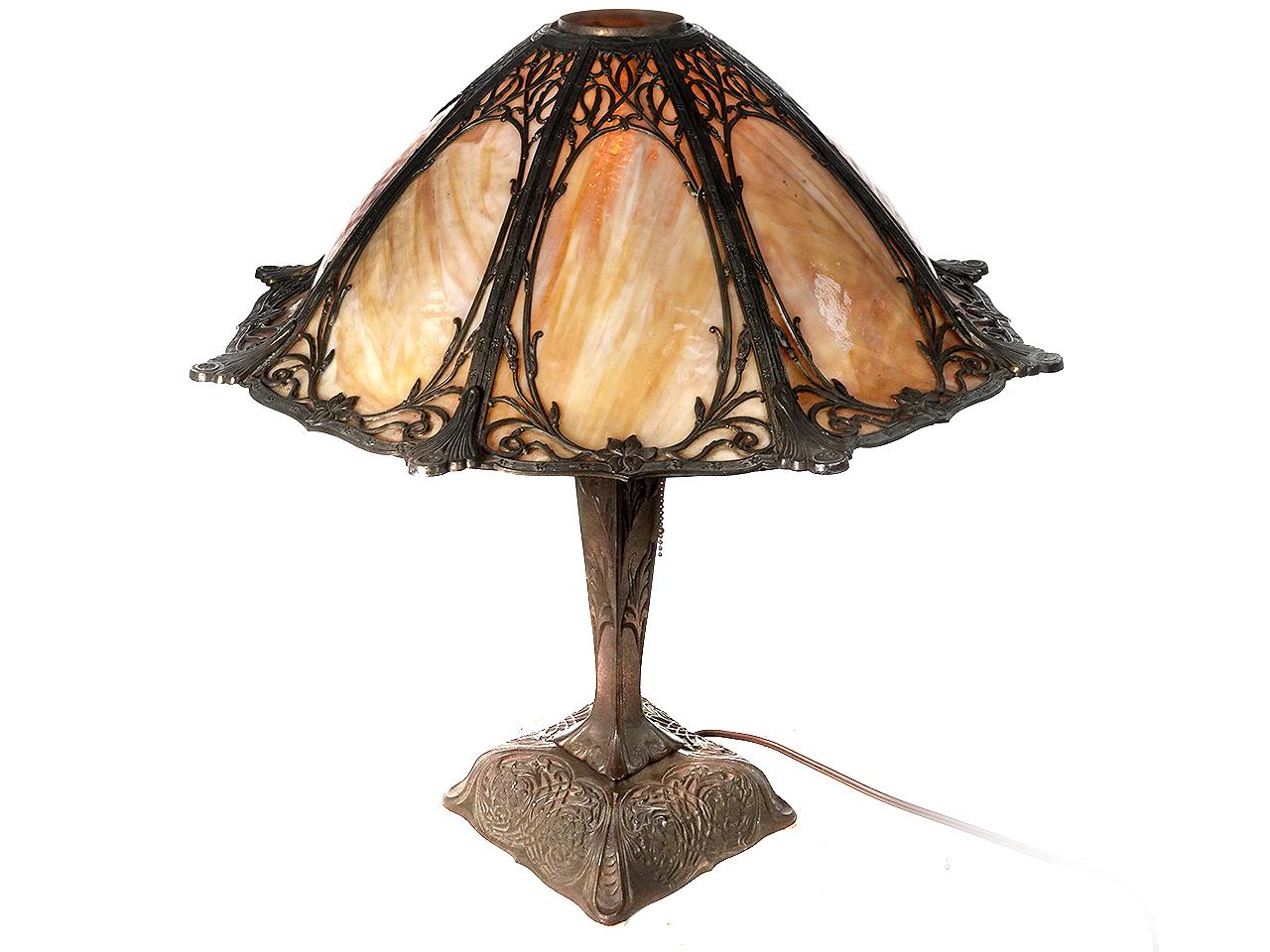 American Slump Glass Table Lamp with an Elaborate Filigree Overlay and Flared Shade For Sale