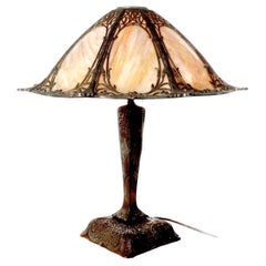 Antique Slump Glass Table Lamp with an Elaborate Filigree Overlay and Flared Shade