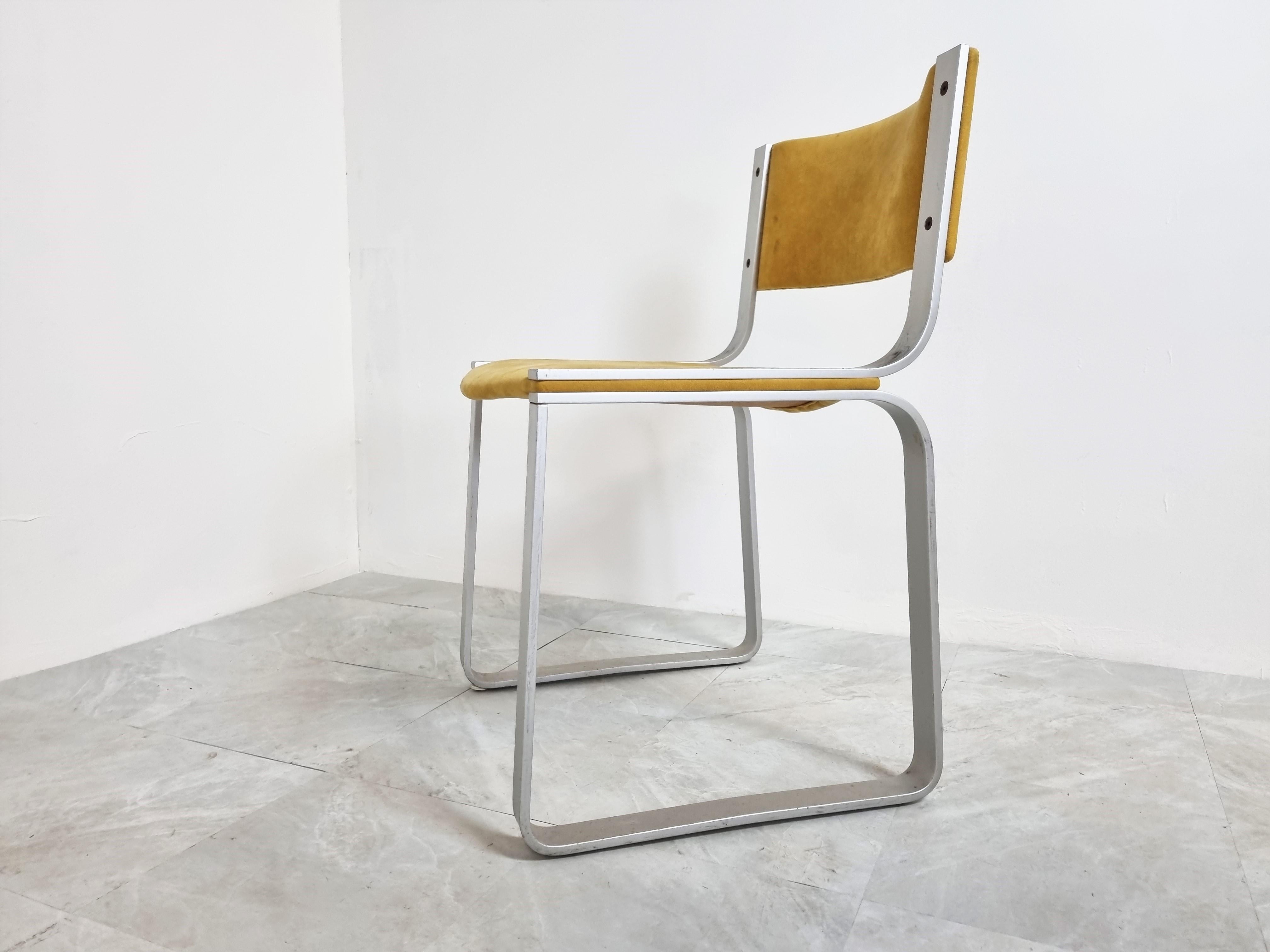 Modernist design dining chairs designed by Pierre Mazairac for Pastoe.

Aluminum frames with yellow alcantara upholstery.

Good condition with normal age related wear.

Great colour.

1970s - Netherlands

Dimensions: 
Height: 76cm/29.92